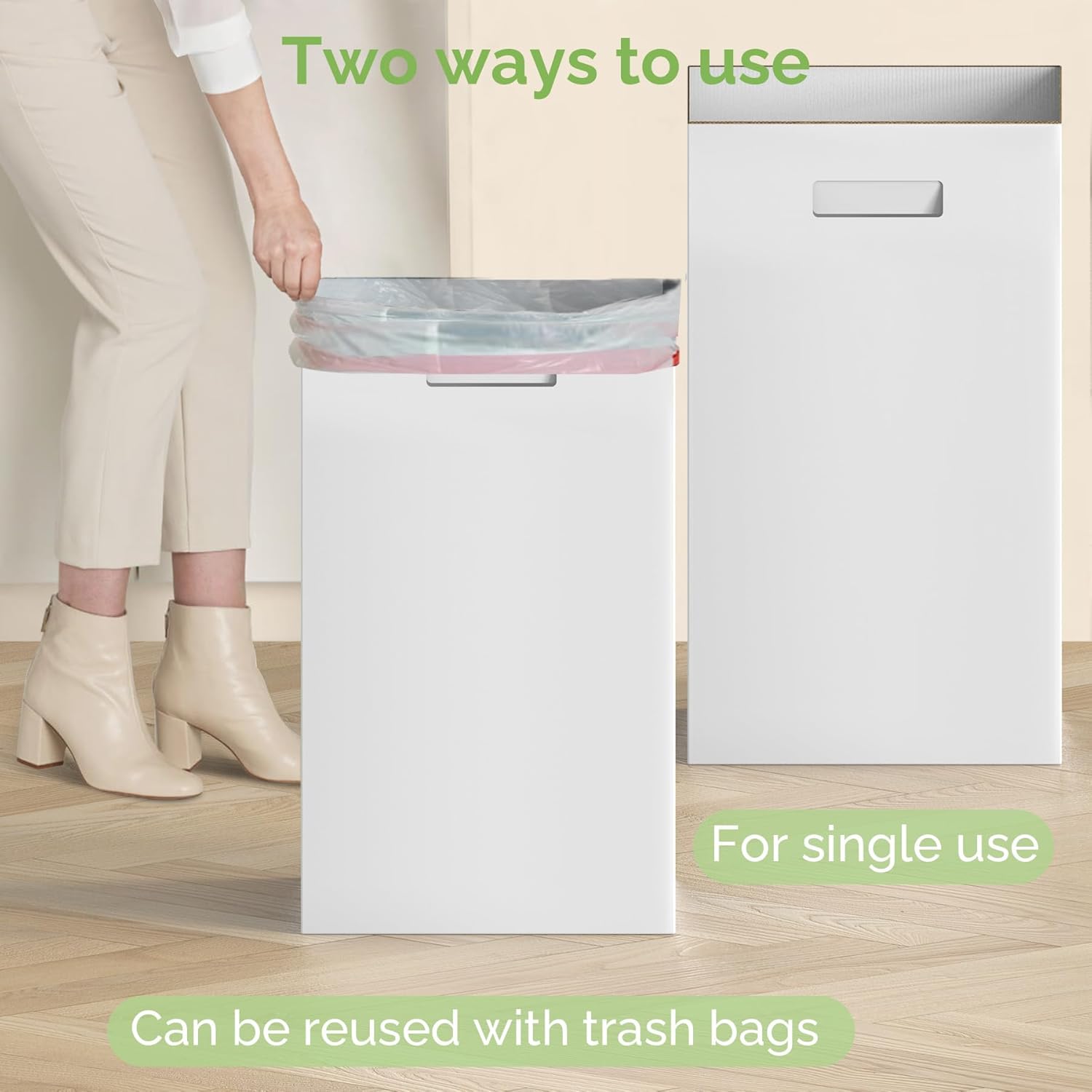 Extra Strong Corrugated Cardboard Portable Garbage Can, 4 Pack Reuseable and Disposeable Extra Large Trash Cans, 13 Gallon (21.6" H x 13.5" W x 10" D), Recycled Garbage Can and Recycling Bins, White