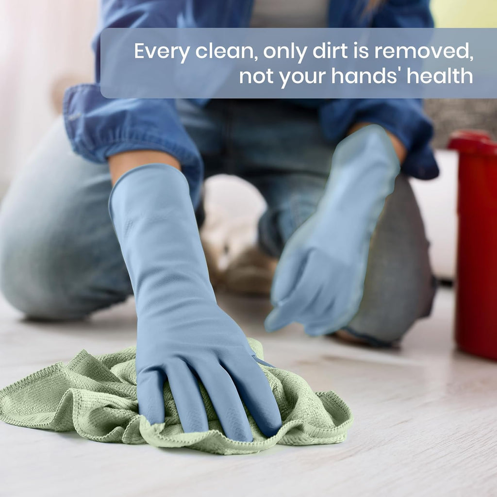 Rubber Cleaning Gloves for Dishwashing, 4 Pairs Reusable Kitchen Gloves for Washing Dishes and Household Cleaning, Blue Dish Gloves with Flocked Lining and Non-Slip Grip, Pefect for Woman Men - L