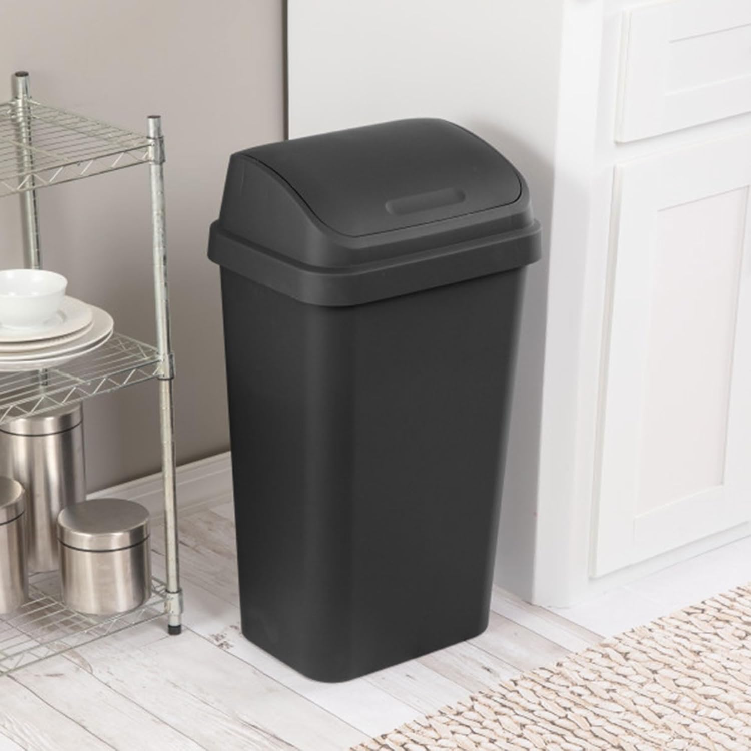 Sterilite 16-Pack Swing Top Wastebasket, Sleek Square Profile Trash Can, 13 Gallon, Black - Modern Garbage Bin for Kitchen, Bathroom, Garage and Workspace, Fits 13 Gal Liners