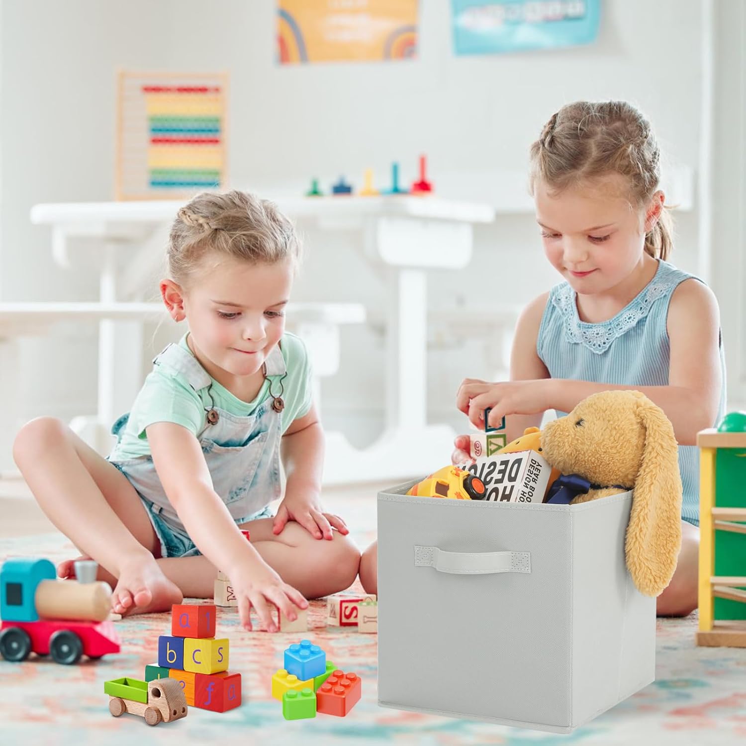 Stero Fabric Storage Bins 6 Pack Fun Colored Durable Storage Cubes with Handles Foldable Cube Baskets for Home, Kids Room, Closet and Toys Organization Gray