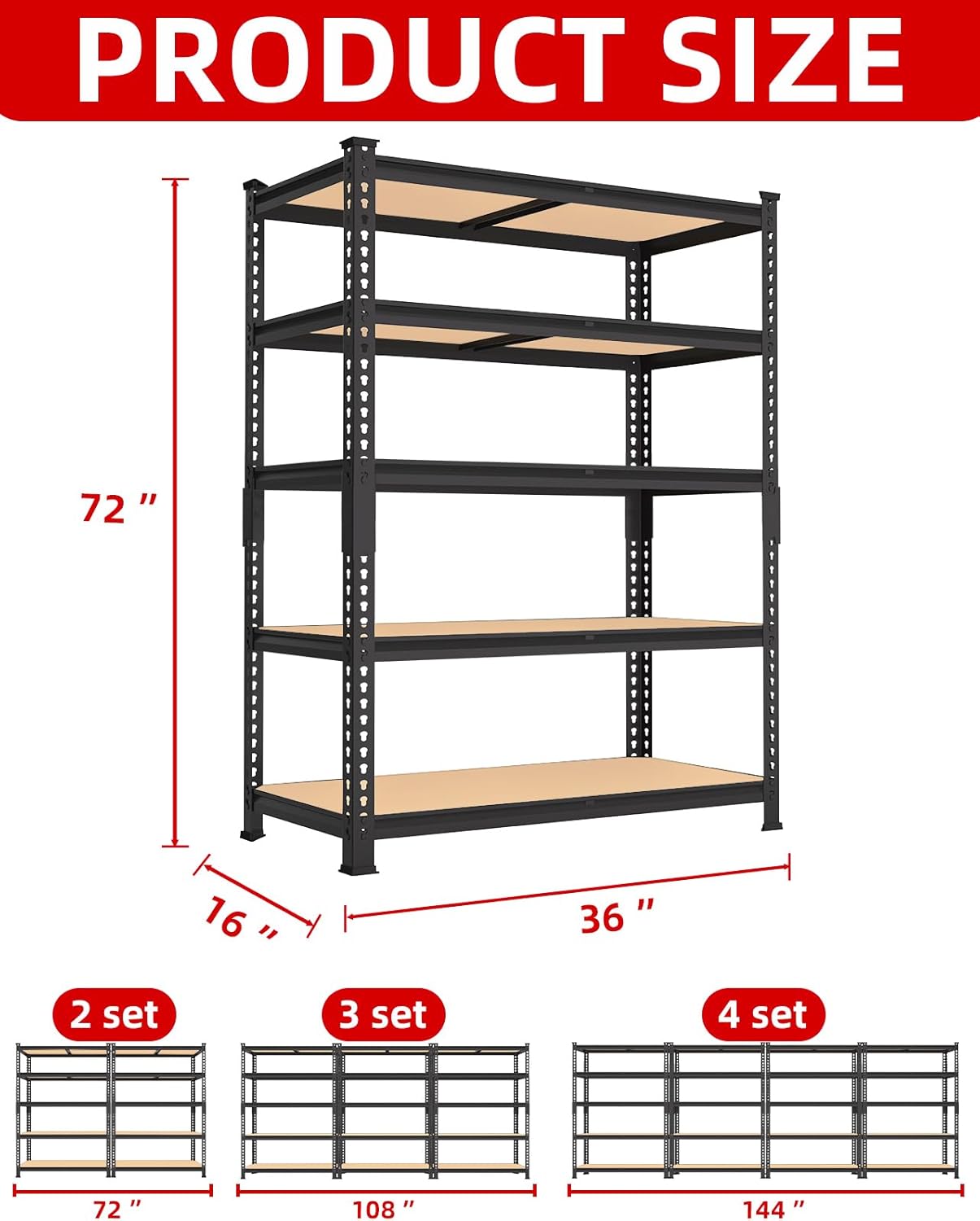 PrimeZone 36" x 16" x 72" Heavy Duty Storage Shelves - 5 Tier Adjustable Garage Storage Shelving, Metal Storage Utility Rack Shelf Unit for Warehouse Pantry Closet Kitchen, Black, 4 Pack