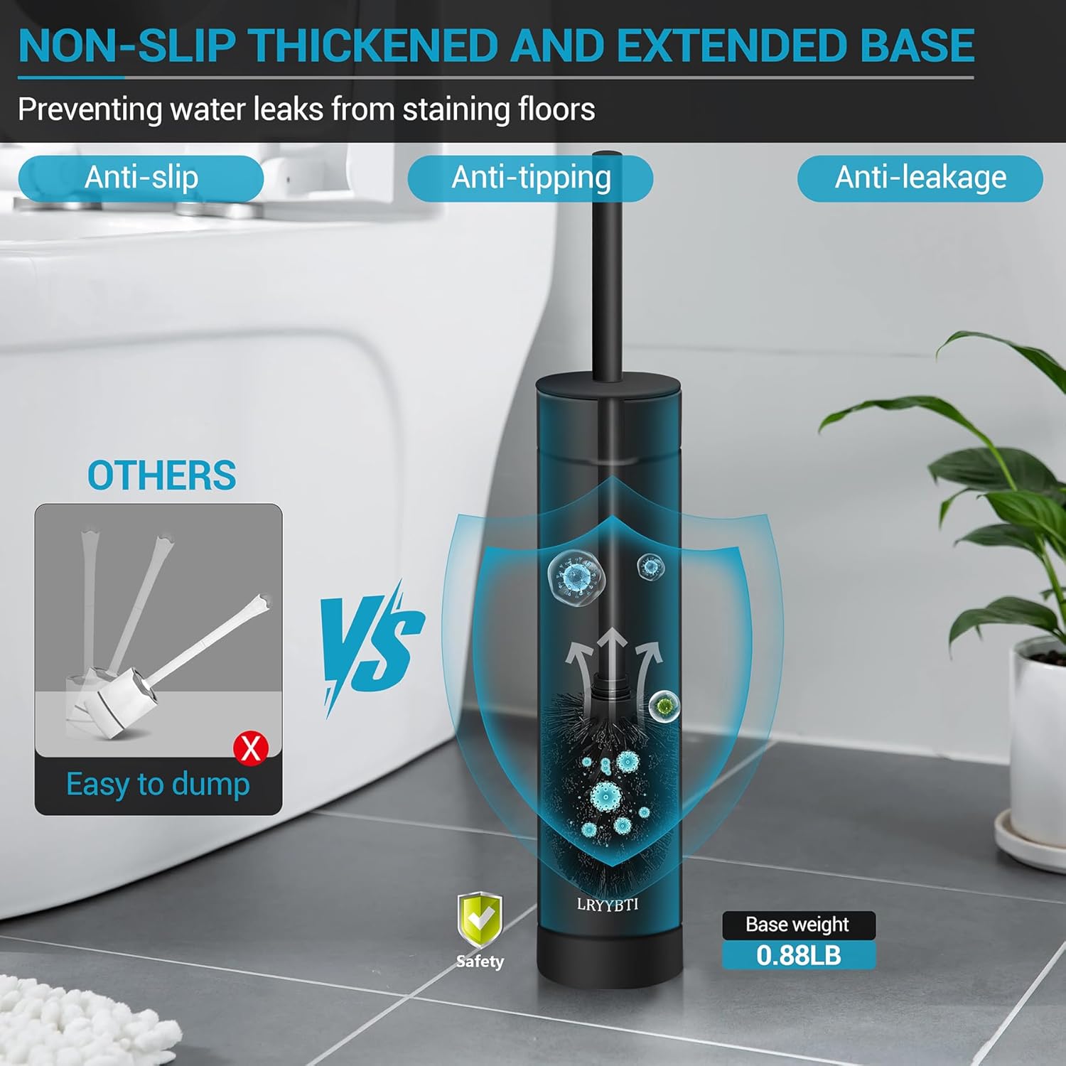 Stainless Steel Toilet Brush with Holder, 2 Black Bristle Heads