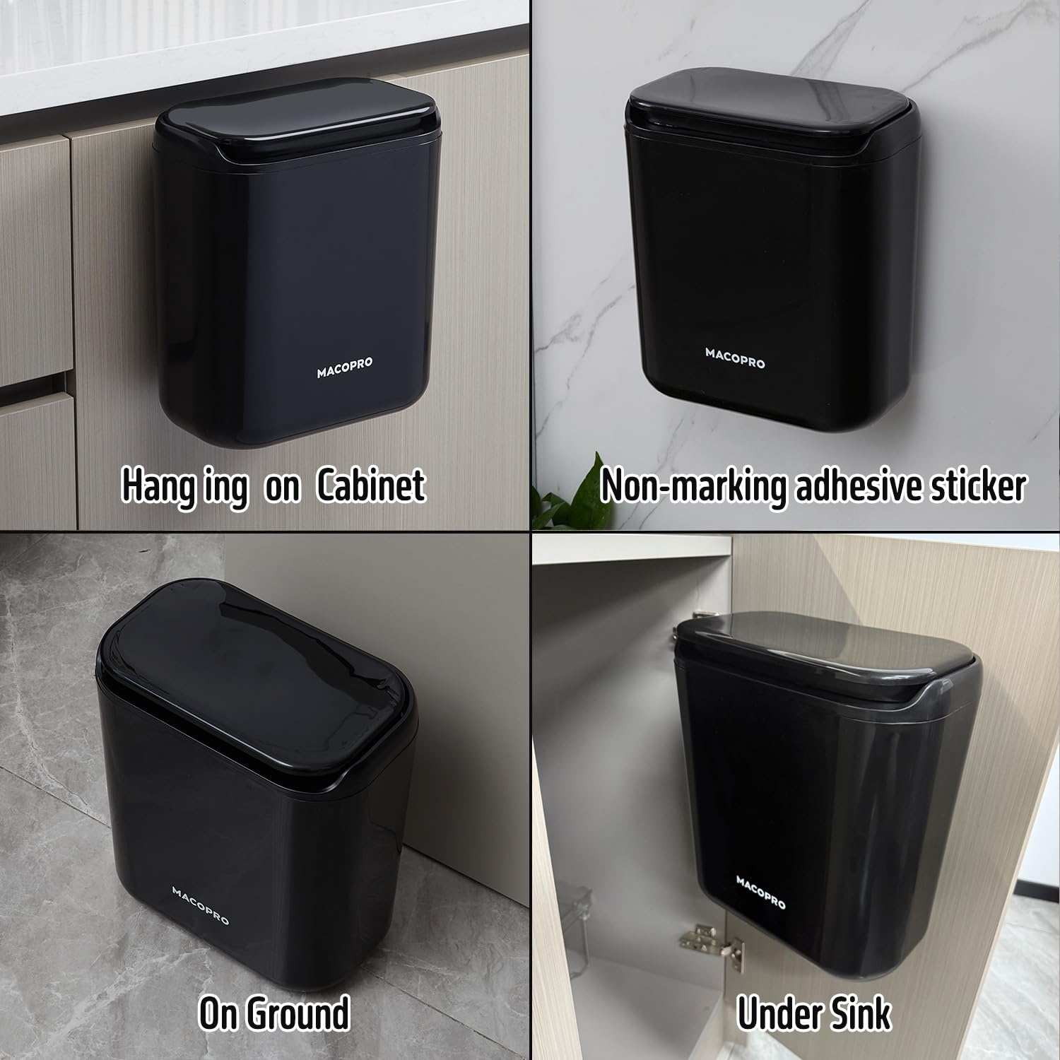 Compost Bin Hanging Trash Can with Lid Under Sink for Kitchen, Food Waste Bin for Countertop with Lid, Mountable Garbage Can for Bathroom, RV, 8L/2.6Gal