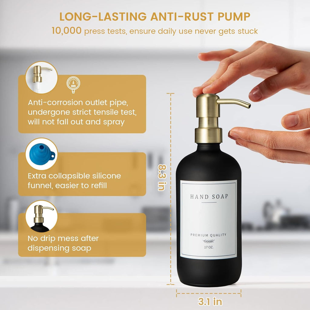 Glass Soap Dispenser for Kitchen Sink,Farmhouse Dish Soap Dispenser&Hand Soap Dispenser Set,Rustproof Pump Lotion Dispenser Bathroom with Tray,Waterproof Label for Kitchen Decor(Black