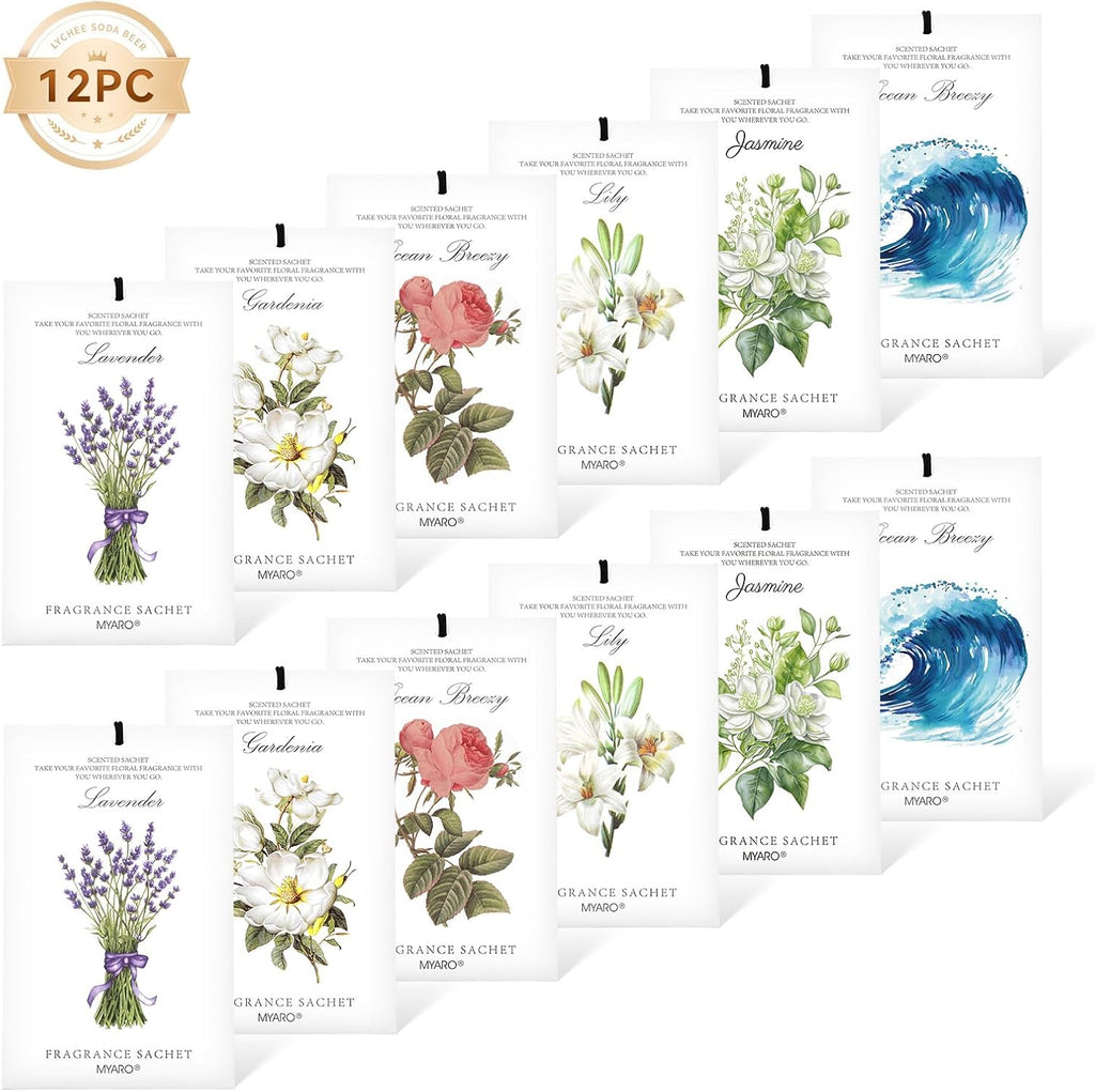 MYARO 12 Packs Scented Sachets for Drawer and Closet, Long-Lasting Sachets Bags Home Fragrance 6 Scents Option- Lavender, Rose, Jasmine, Ocean, Gardenia, Lily