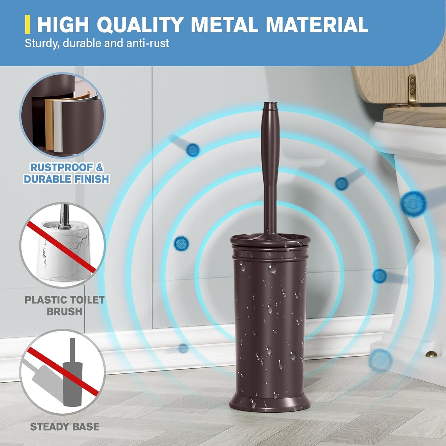UPTRONIC Toilet Brush, Aluminum Alloy Toilet Brush and Holder Set with Extra Long Handle Durable Bristles Toilet Bowl Brush and Covered Holder for Toilet Scrubber for Bathroom Cleaning
