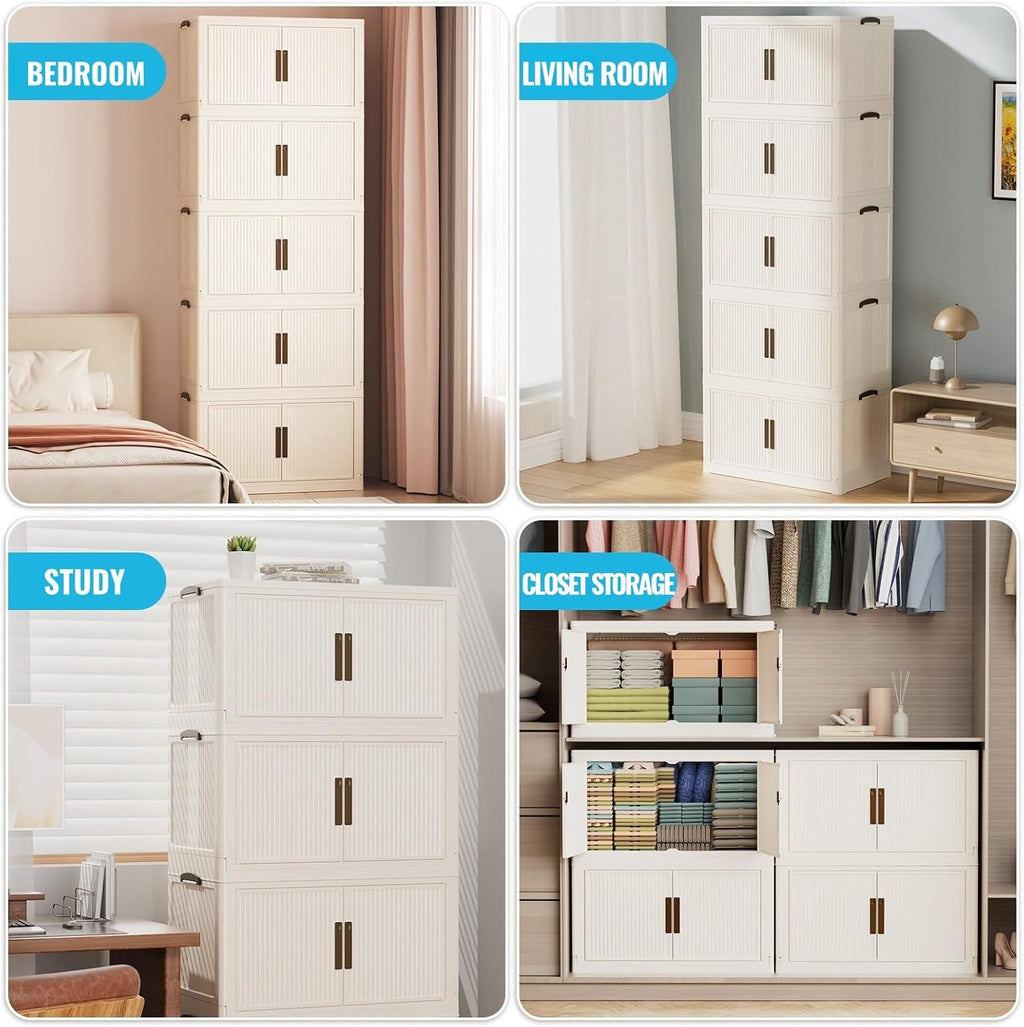 Stackable Storage Bins with Lid 44Gal/176QT Plastic Collapsible Storage Cabinet 4 Tiers Foldable clothes Organizers and Storage bins with Wheels and Doors for Home Office White