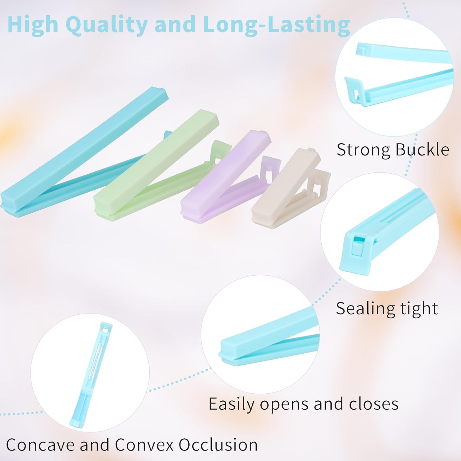 34 Packs Plastic Chip Clips for Food Storage - Resealable Sealing Clips in 4 Sizes (2.4"/3.2"/4.3"/5.5") - Light Colors