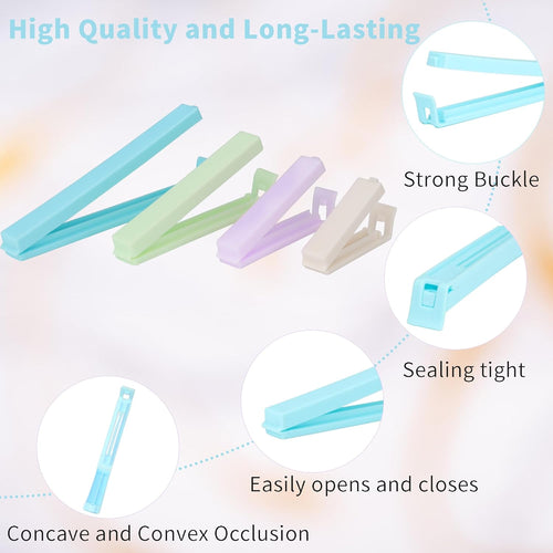 34 Packs Plastic Chip Clips for Food Storage - Resealable Sealing Clips in 4 Sizes (2.4"/3.2"/4.3"/5.5") - Light Colors