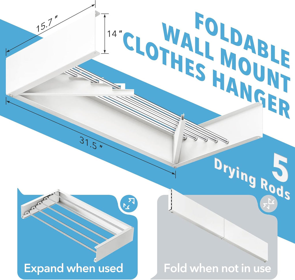 Drying Rack Clothing,Clothes Drying Rack Wall Mounted,Collapsible Hanging Racks for Laundry,Laundry Drying Rack,Wall Mounted Clothes Rack(31.5"-White) (White, 31.5 Inch)