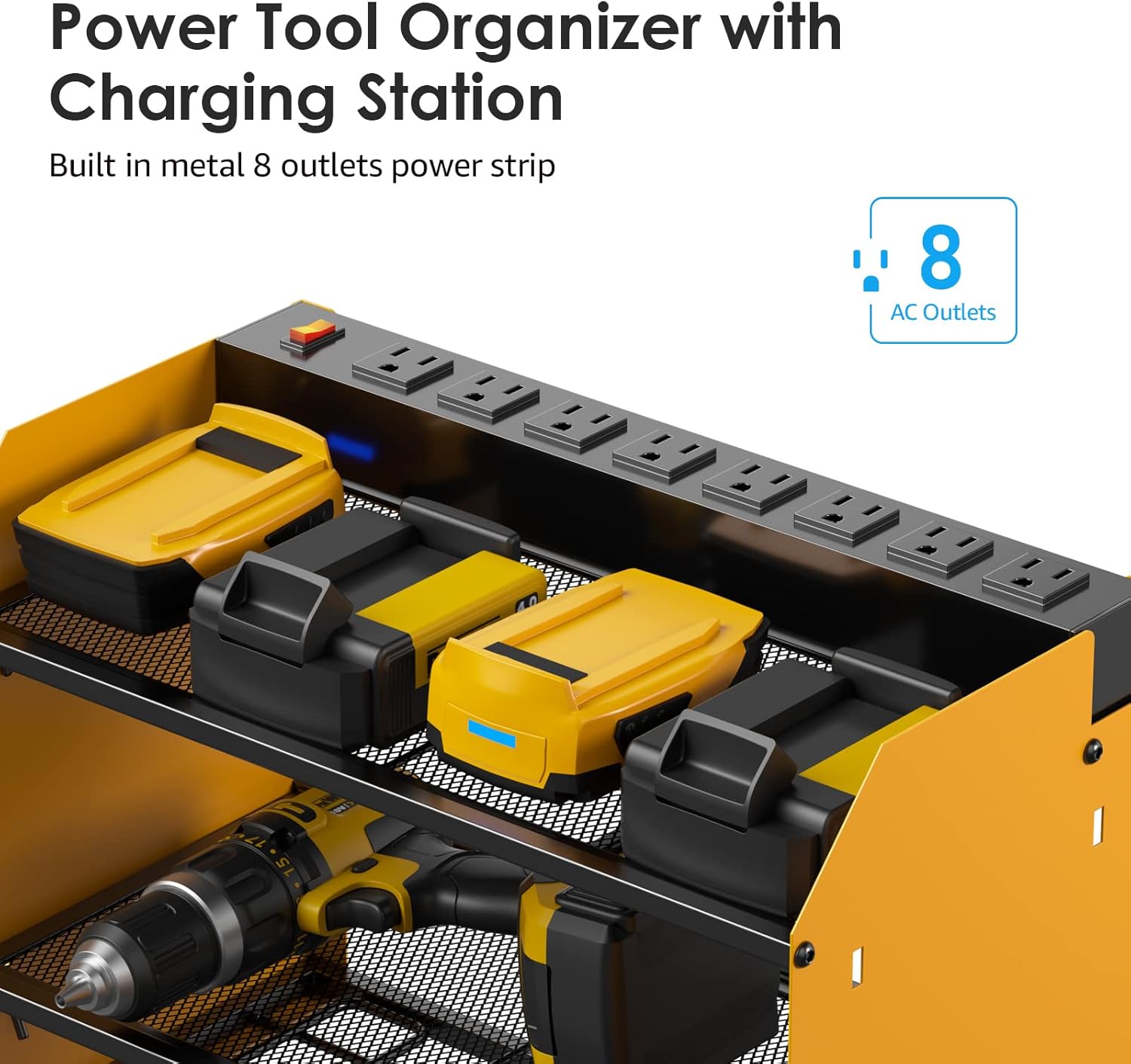 CCCEI Set Power Tool Organizer Wall Mount with Charging Station. Garage 4 Drill Storage Shelf with Hooks, Heavy Duty Metal Tool Battery Charger Organizer. Shop Utility Rack with Power Strip Yellow.
