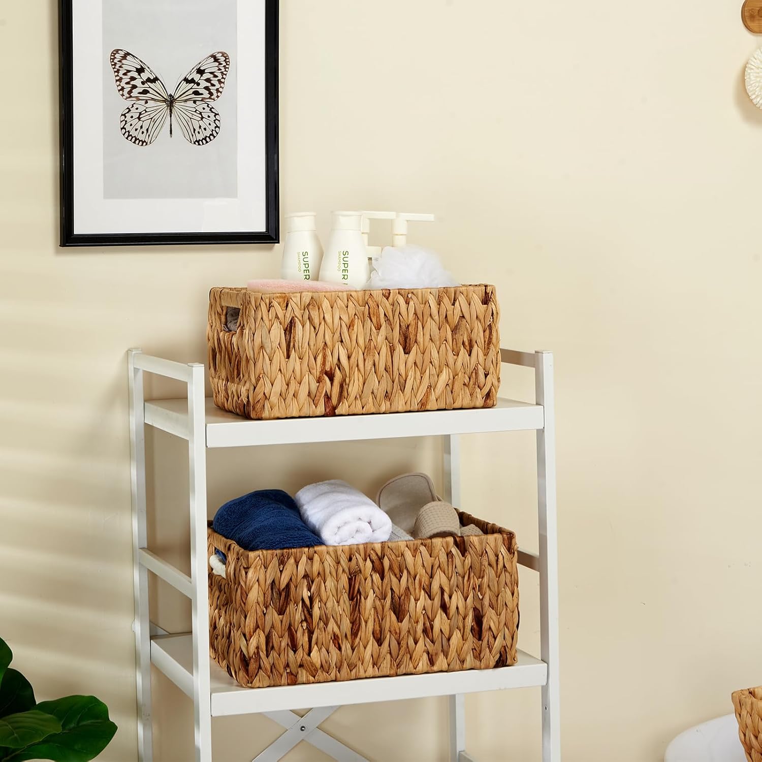 Wicker Baskets 2 Pack, Water Hyacinth Rectangular Storage Basket with Handles, Large for Organizing, Natural