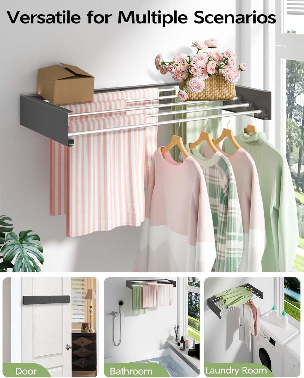 Wall Mounted Clothes Drying Rack 32", Foldable Wall Mount Laundry Rack Folding Indoor, Drying Rack Clothing Collapsible, Hidden Space Saver with Wall Template, 5 Rods, Black