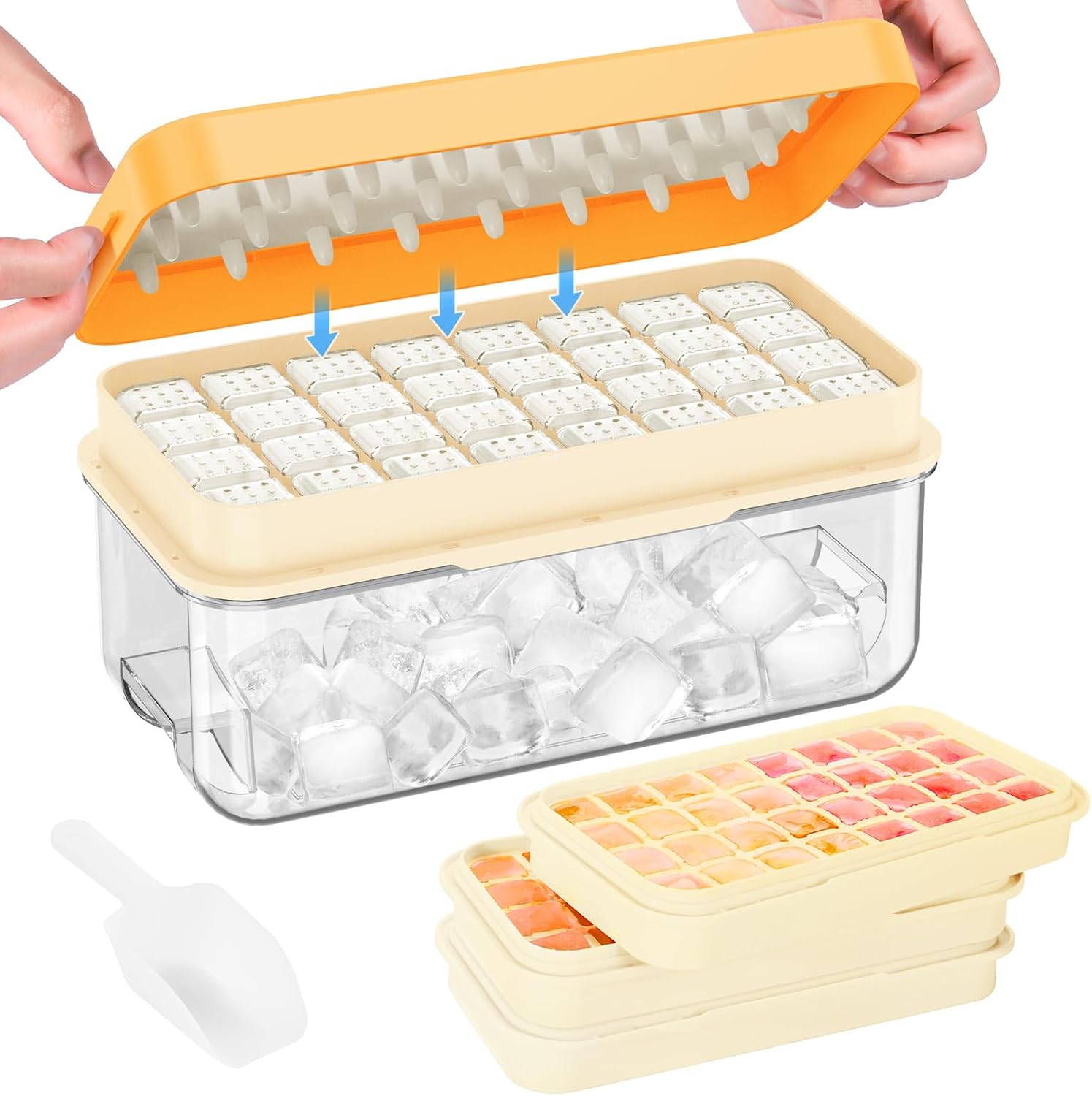 PHINOX Ice Cube Tray with Lid and Bin, 3 Pack Plastic Ice Cube Tray Molds, 96(4 * 8 * 3) pcs Ice Trays for freezer, Chilling Drinks, Whiskey & Cocktails, with Ice Container and Ice Scoop, BPA-Free