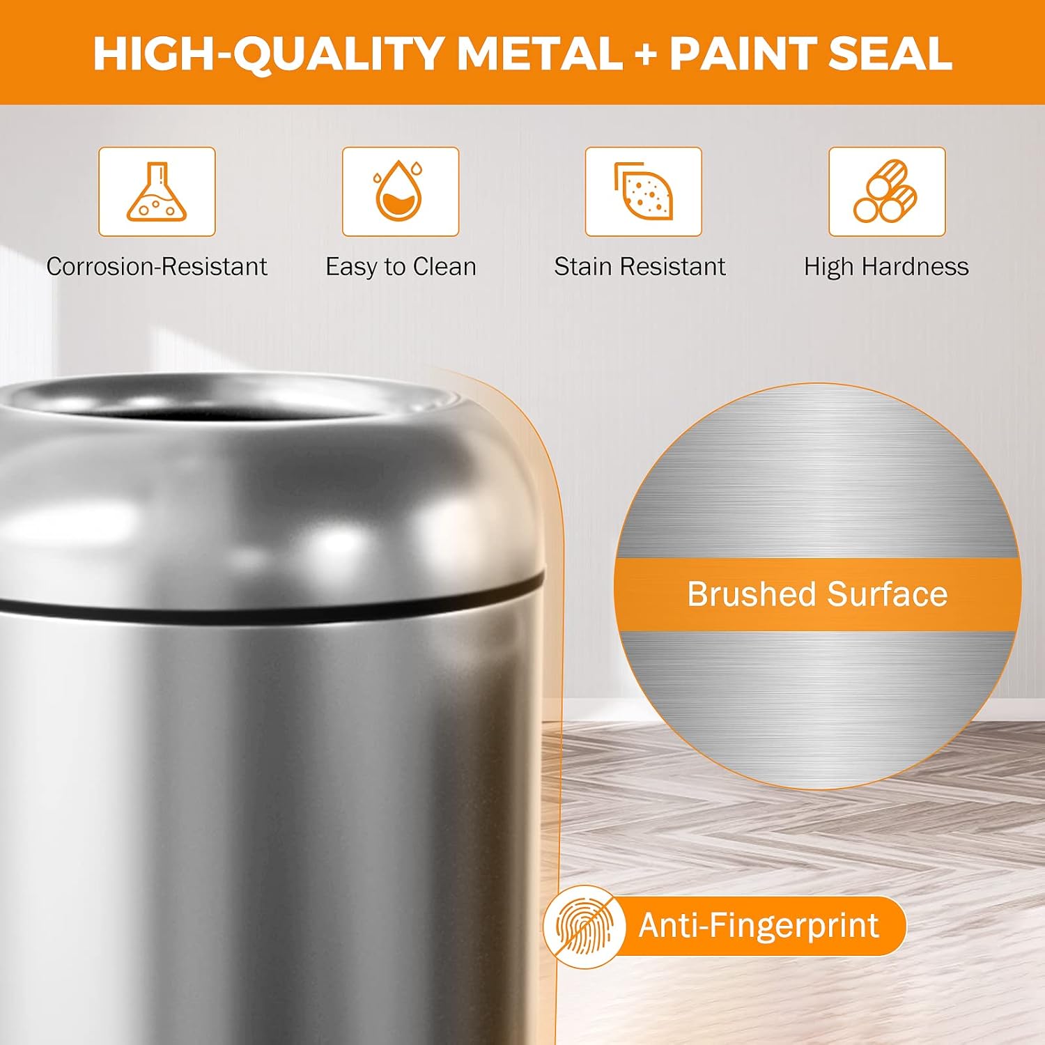 BEAMNOVA 16.5 Gallon Trash Can Black Open Top Large Outdoor Indoor Commercial Stainless Steel Industrial Waste Basket Container, Metallic Garbage Enclosure with Lid