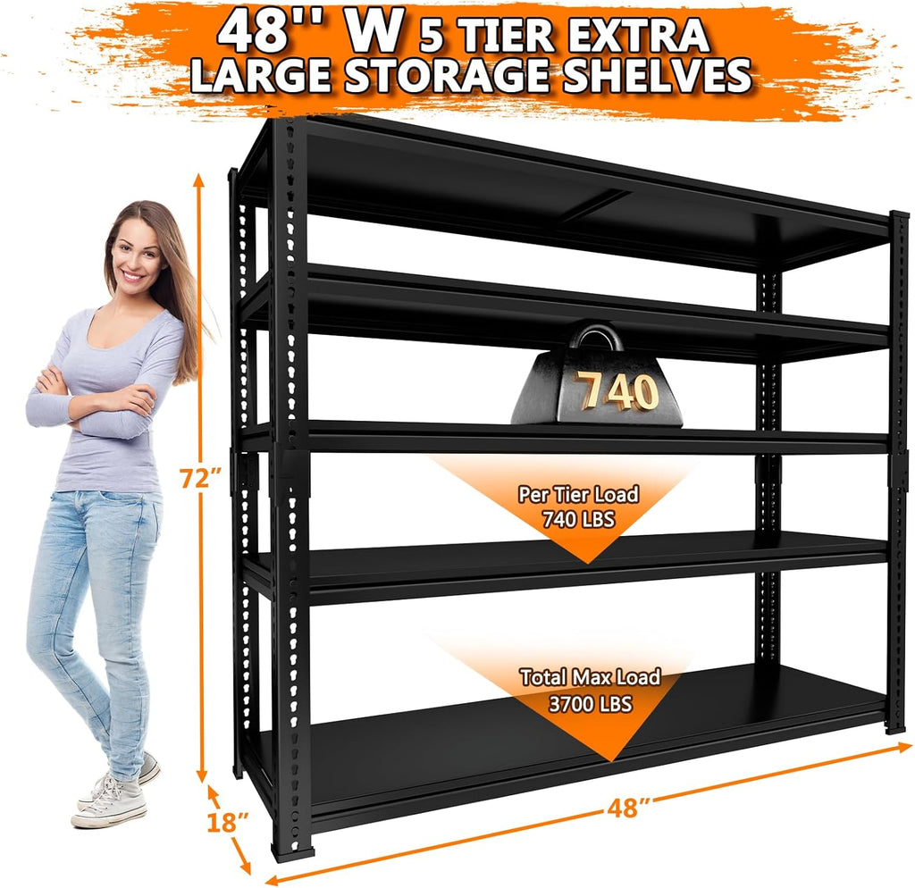 Storage Shelves Heavy Duty 2 PCS,48"L x 18"W x 72"H Garage Storage Shelves Unit Loads 3700LBS, 5-tier Adjustable Metal Industrial Utility Shelf Rack for Kitchen, Laundry Room,Warehouse, Basement