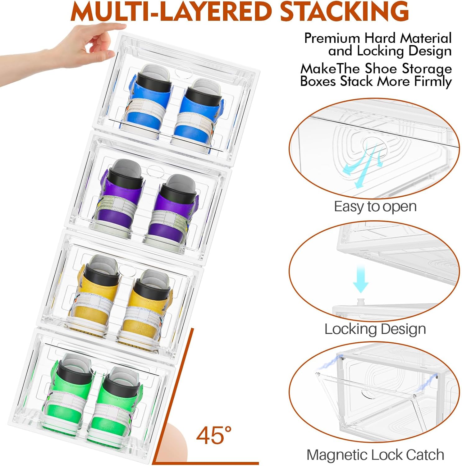 6 Pack Thicken Shoe Organizer Stackable,Upgraded Sturdy Shoe Storage Box with Magnetic Door,Shoe Containers for Sneaker Display,White