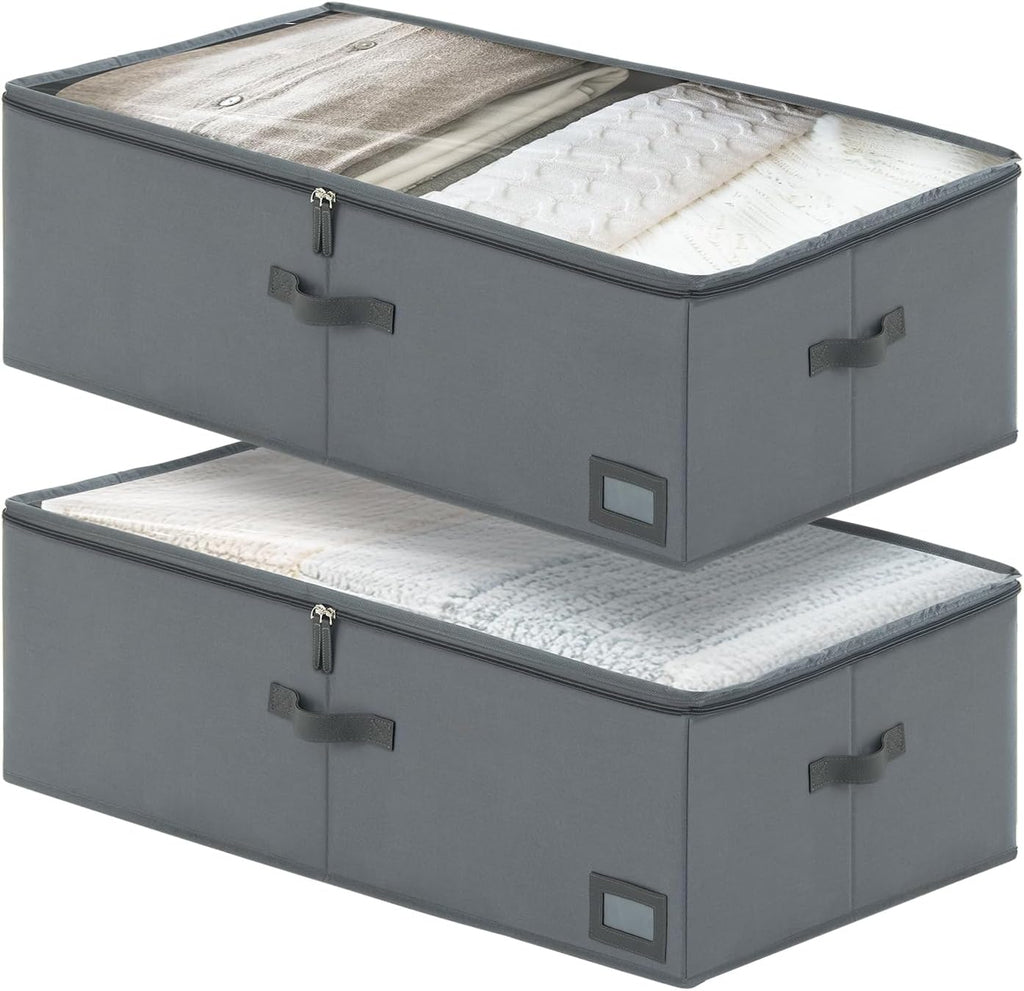 10-Inch Under Bed Storage Containers (2-Pack) | Sturdy Sidewalls | Clear Cover & Label Holder | Foldable Closet Organizer | Stores Clothing/Blankets/Sweaters/Sheets