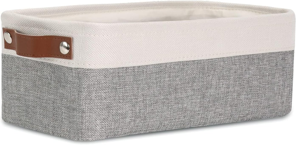 DULLEMELO Fabric Bathroom Storage Bin with Leather Handles, Narrow Organizer for Towels, Toilet Paper Rolls, Storage Basket for Back of Toilet, Vanities, Shelves & Cabinets (White&Gray)