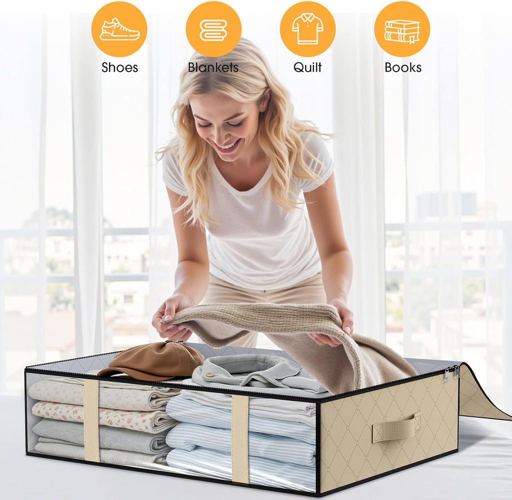 StorageRight Under Bed Storage Bins,10-Pack 40L Foldable Fabric Storage Bags with Transparent Window, Breathable Organizer for Clothes/Blanket/Comforter/Quilts,Beige