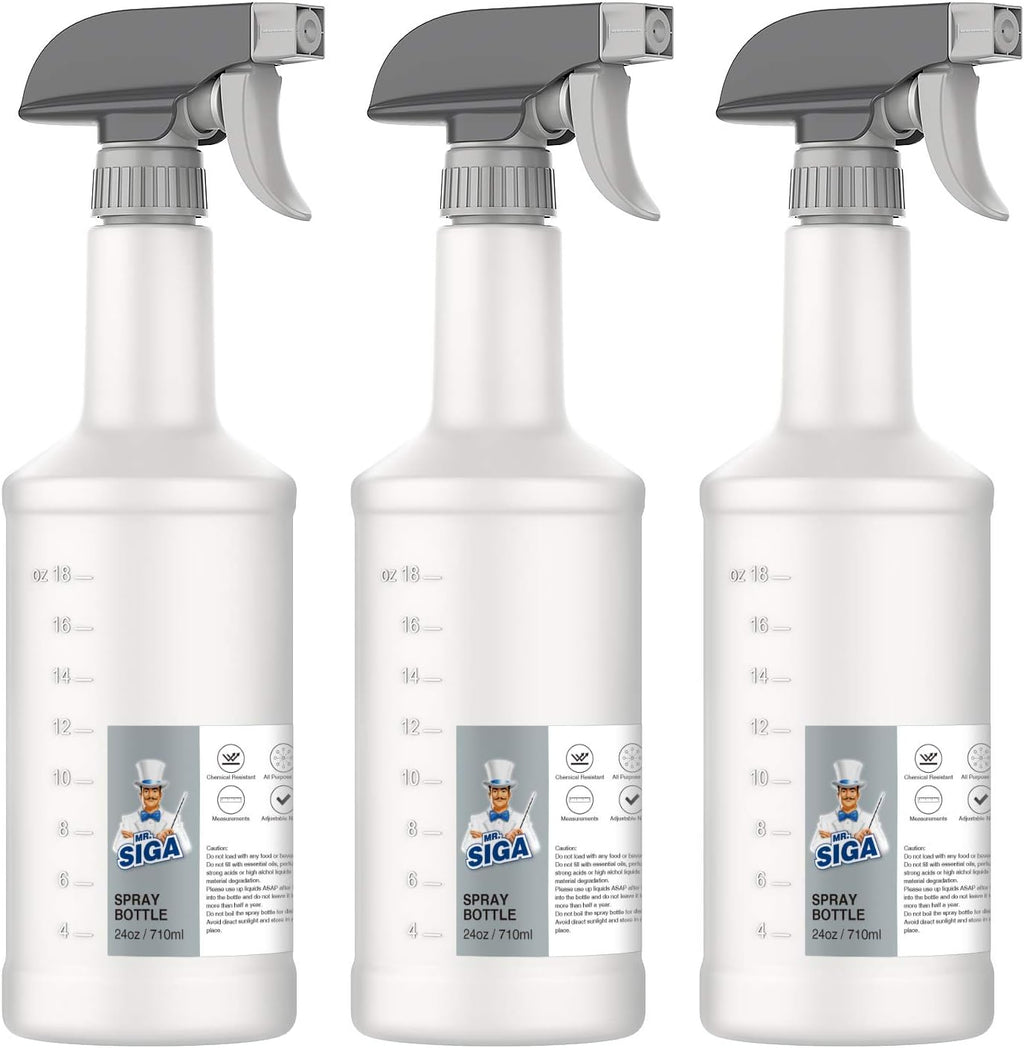 MR.SIGA 24 oz Empty Plastic Spray Bottles for Cleaning Solutions, Heavy Duty Household Reusable Spray Bottles with Measurements and Adjustable Leak Proof Nozzle, 3 Pack