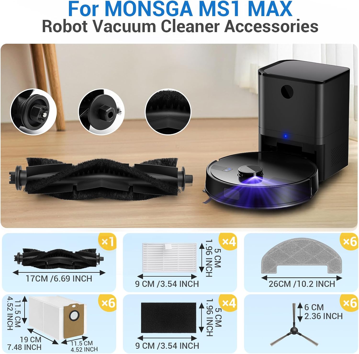 Bluevisk MS1 MAX Replacement Parts for For MONSGA MS1 MAX Robotic Vacuum Cleaner Parts with 1 Roller Brush, 4 HEAP, 6 Mop, 6 Dust Bags, 6 Side Brushes, 1 Clean Brush