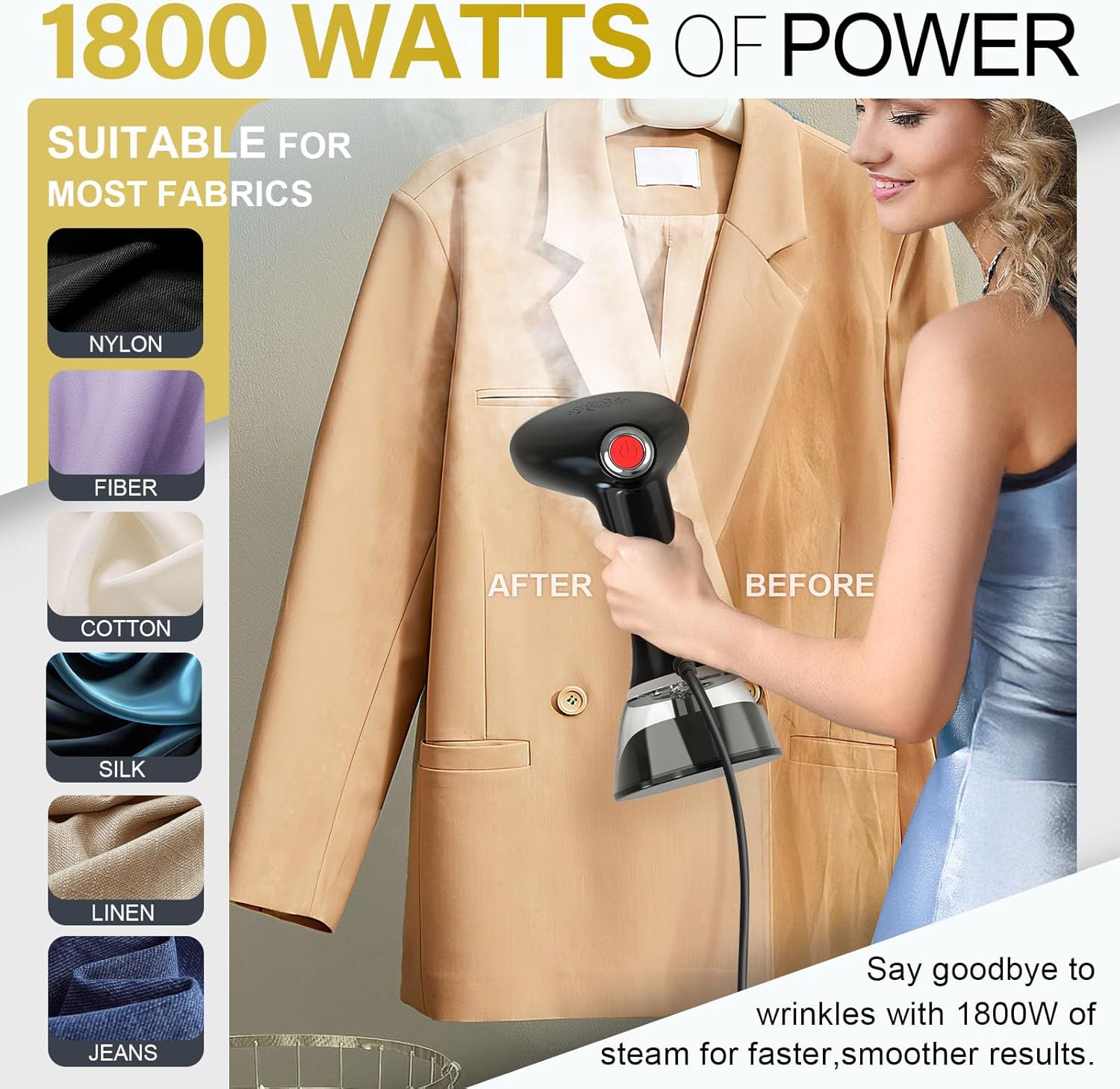 Steamer for Clothes, 1800W Fast Heat-up Clothes Steamer Handheld Garment Steamer with 3 Steam Settings, 380ml Water Tank, 9.8' Cord, Portable Travel Steam Iron for Removes Wrinkle Safe on All Fabrics