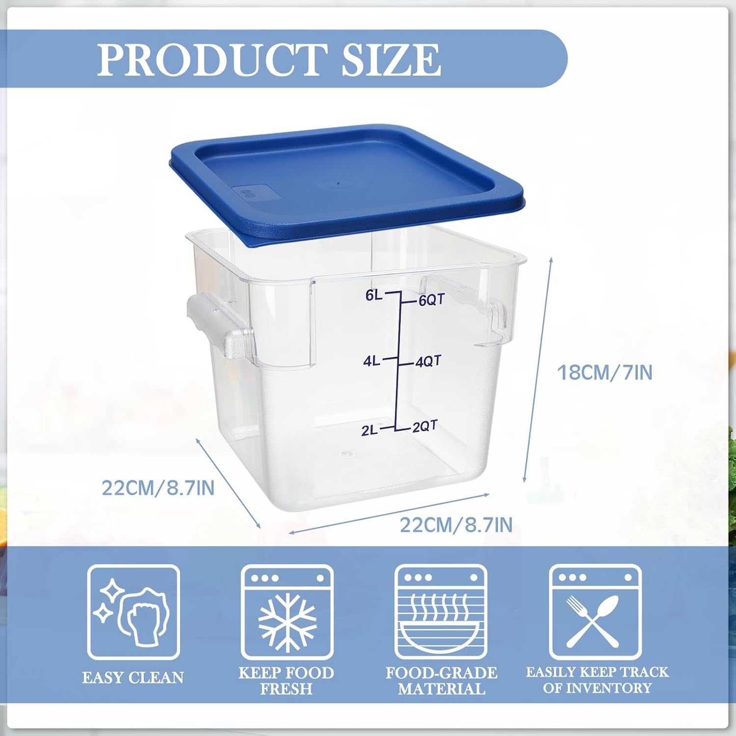 Lallisa 8 Pack 6 Qt Commercial Food Storage Containers with Lids Square Food Storage Container Clear Cereal Storage Containers for Kitchen Freezer Pantry Restaurant Flour Sugar(Blue Lids)