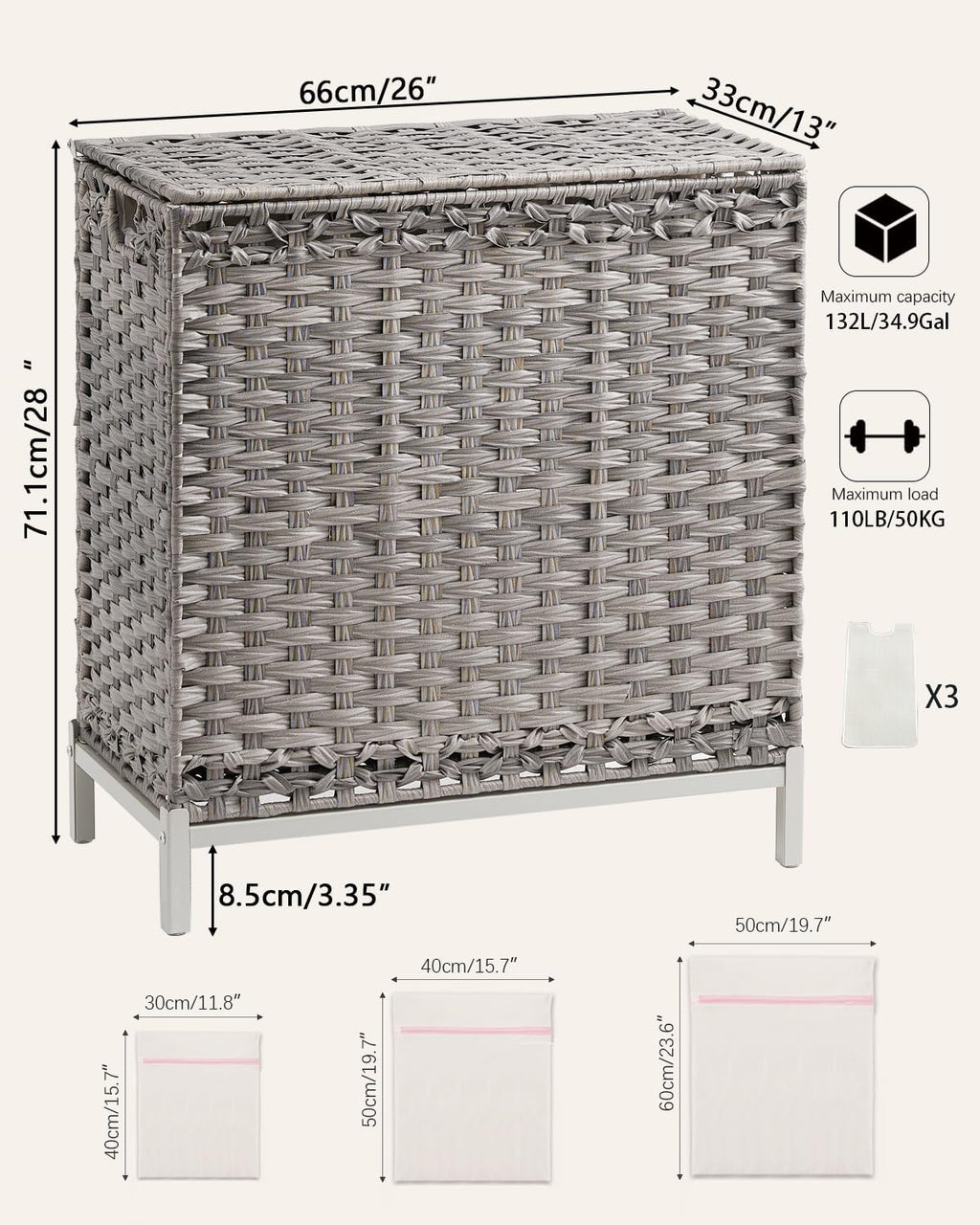 Laundry Hamper with Lid 132 L, (35 Gallons) Clothes Hamper with Lid, Handwoven Rattan Laundry Hamper with Metal Heightened Feet, Laundry Hampers with 3 Removable Liner Bags for Laundry-Gray