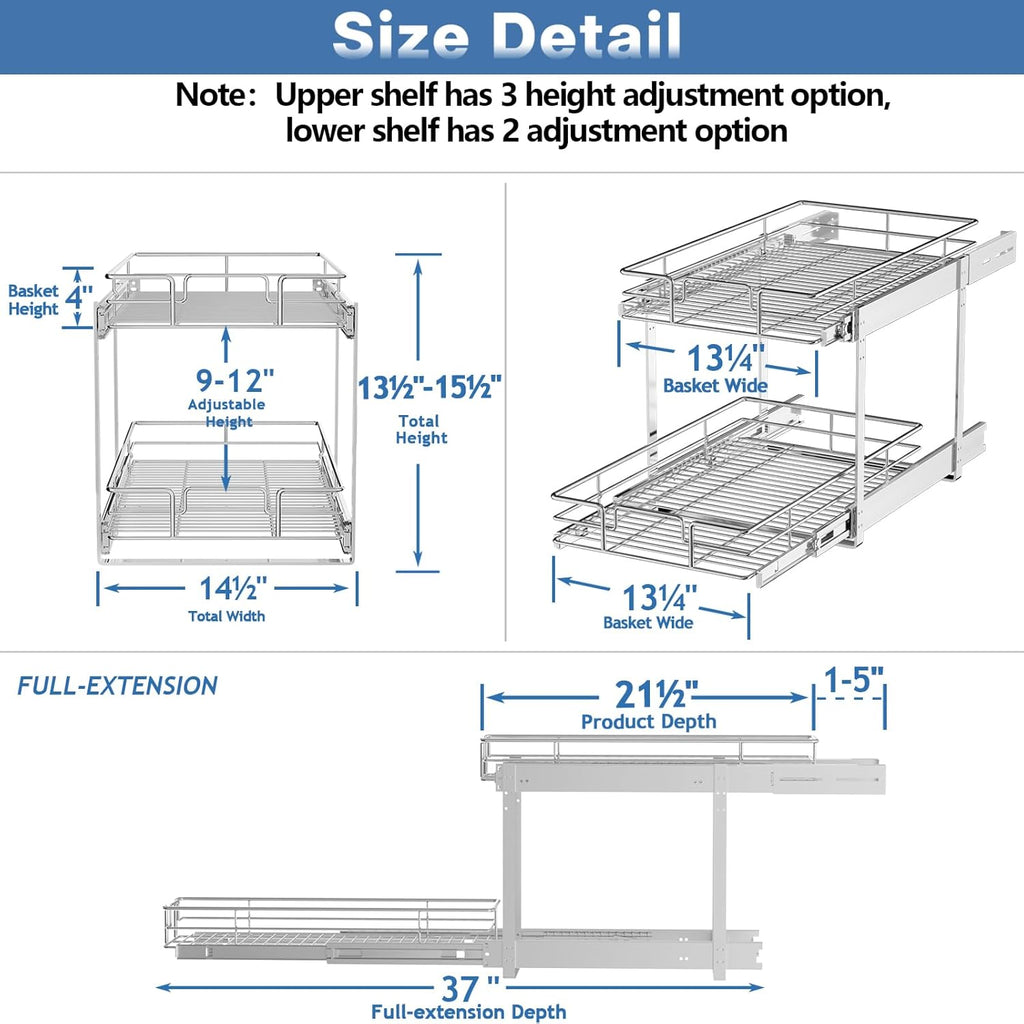 2 Tier Individual Pull Out Cabinet Organizer 14½" W x 21½" D, Heavy Duty Cabinet Pull Out Shelves, Slide Out Drawers Organization for Kitchen Cabinets Bathroom