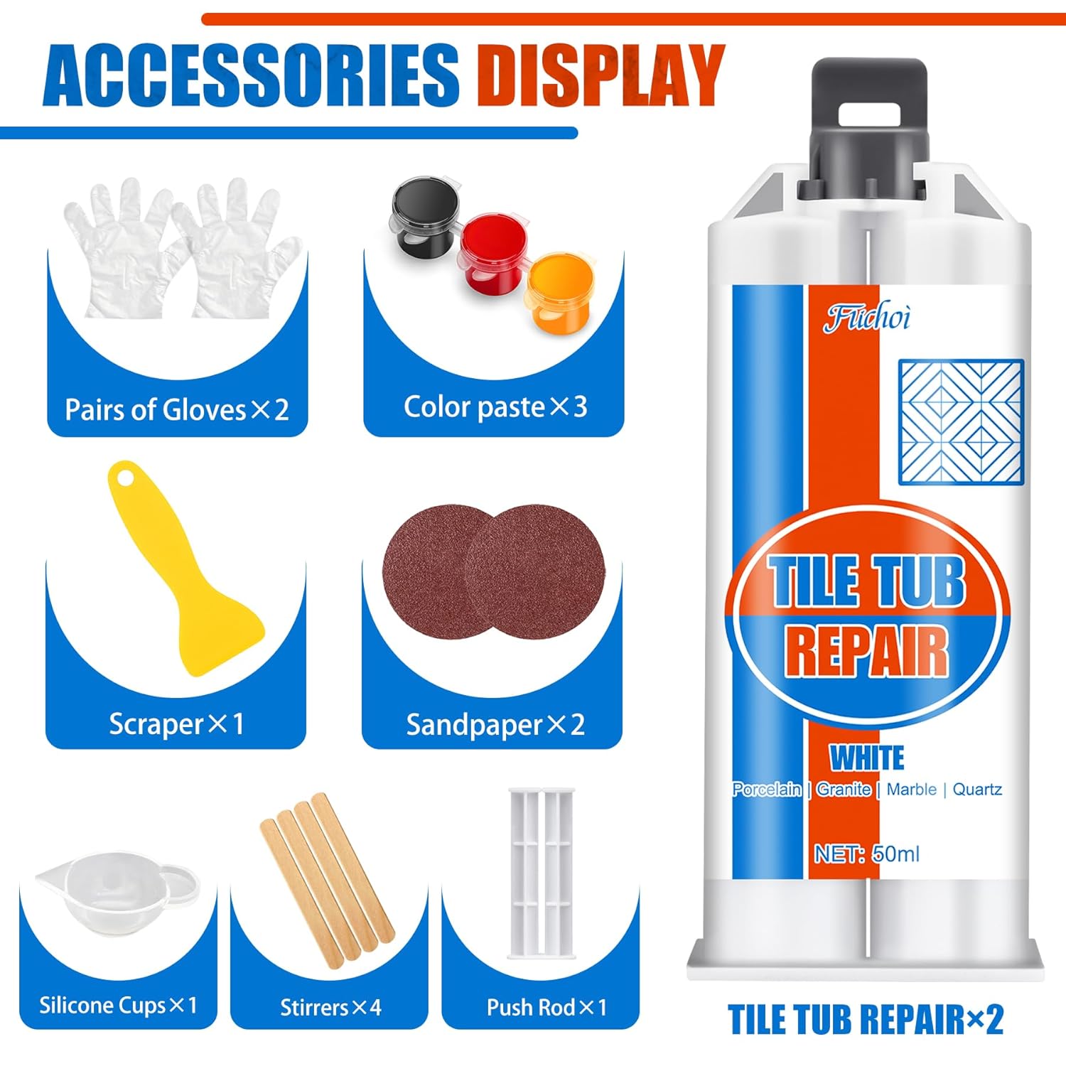 Tile Repair Kit, Ceramic Tile Chip Repair Kit, Porcelain Repair Kit for Ceramic, Tub, Acrylic, Fiberglass, Quartz, Marble and More, Tile Chip Repair Filler for Filling Dents, Cracks, Holes, Scratches