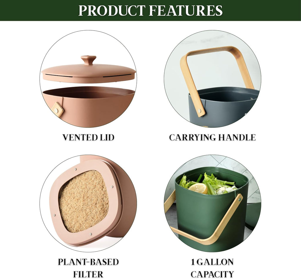 Bamboozle Countertop Compost Bin Kitchen | 1 Gallon | Odorless Composting Bin with Filters | Indoor Compost Bin with Lid | Plant Based Kitchen Composter for Food Scraps & Waste Recycling | Graphite
