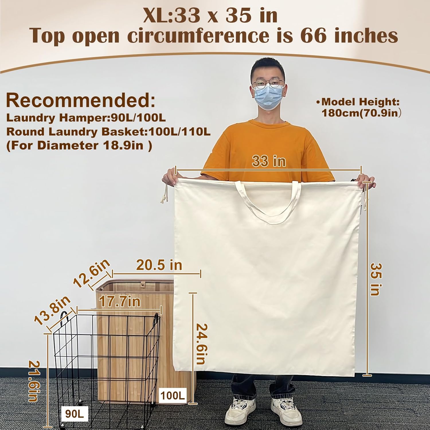 Canvas Laundry Bag 33"x 35", Thick Cotton Laundry Bag with Handles & Drawstring, Extra Large Heavy Duty Washable Basket Liner Hamper Liner Canvas Storage Sack (Beige XL, 1 Pack)