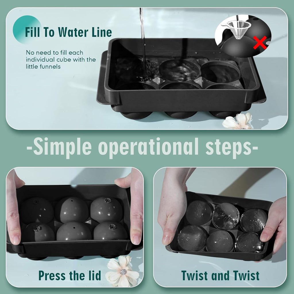 WIBIMEN Large Ice Cube Molds, Big Round Whiskey Ice Cube Trays for Freezer, Easy to Fill & Release, Whiskey Bourbon Cocktail(1.9In*6 Balls- Black/2 Pack)