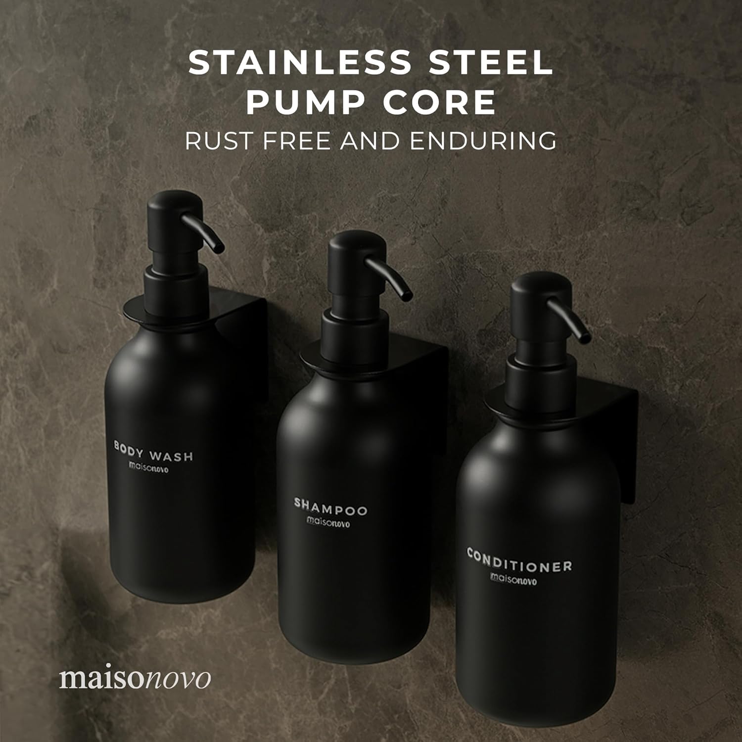 MaisoNovo Shampoo and Conditioner Dispenser - Shower Soap Dispenser Wall Mounted - 16.9 fl oz Set of 3 Black Plastic Bottles Black Pump - Shampoo Dispenser, Shower Dispenser