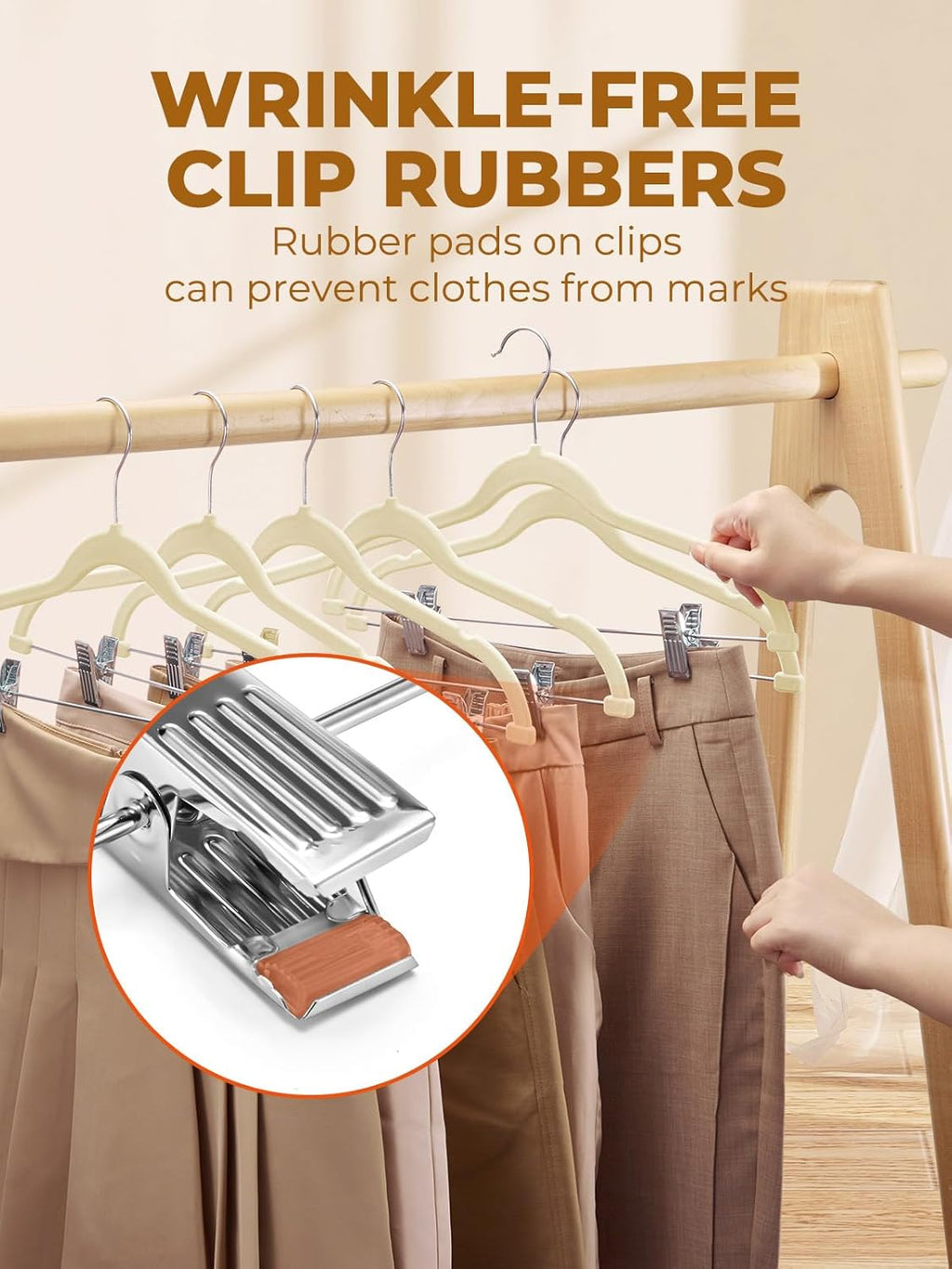 HOUSE DAY Velvet Skirt Hangers 36 Pack, Beige Velvet Pant Hangers with Adjustable Clips, Space Saving Slim Shorts Hanger, Heavy Duty Non Slip Clip Hanger for Pants, Skirts, Shorts