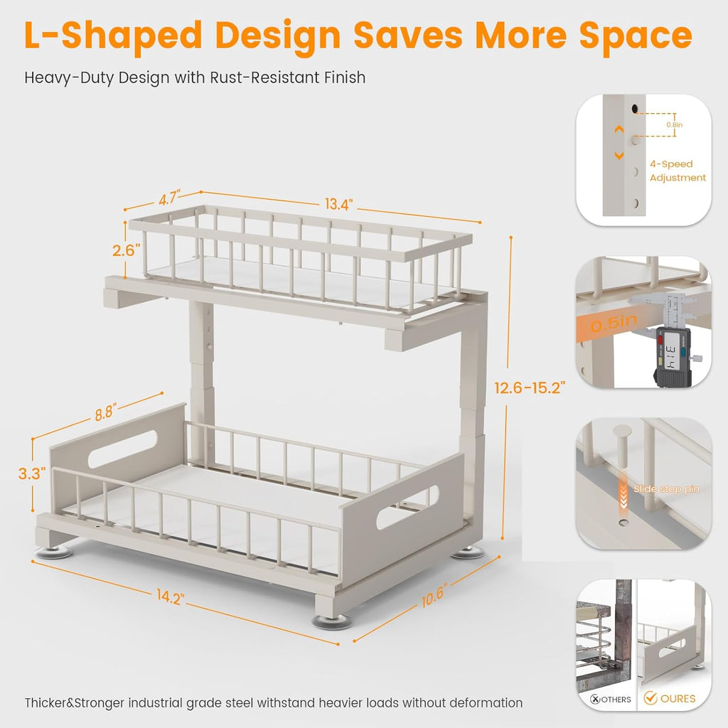 2 Pack Under Sink Organizer, 2-Tier Heavy Duty Metal Pull Out Cabinet Organizer Slide Out Sink Shelf Organizer Height Adjustable, Multi-Purpose Storage Shelf for Kitchen Bathroom (Sand, 2 Pack)