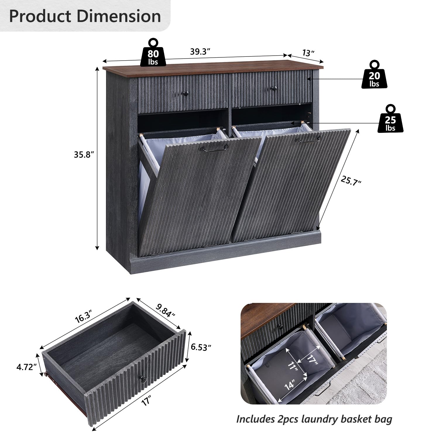 Modern Double Tilt-Out Trash Cabinet, 20 Gallon Fluted Laundry Hamper Cabinet with 2 Drawers, Wooden Hidden Garbage Can Cabinet with Storage Basket, Free Standing for Kitchen & Living Room, Grey