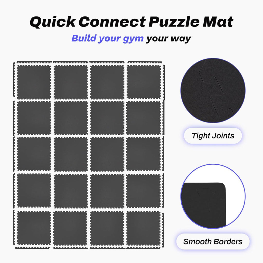 AIRHOP 0.56in Thick 96 Sq Ft Exercise Equipment Mats, 24 Tiles Upgraded Rubber Top with High Density EVA Foam, Large Interlocking Puzzle Gym Flooring for Home Gym, Heavy Weight Workout,Black