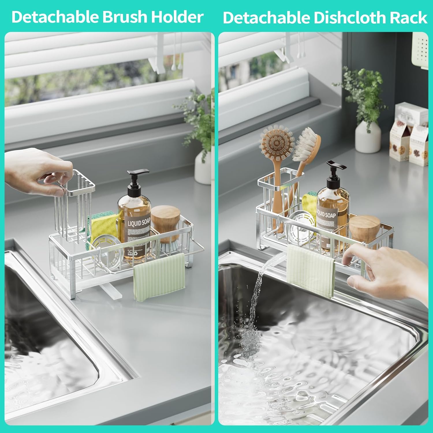 HapiRm Sponge Holder for Kitchen Sink - Self-draining Sink Caddy with Brush Holder and Dishcloth Holder, Stainless Steel Kitchen Organizer - Silver