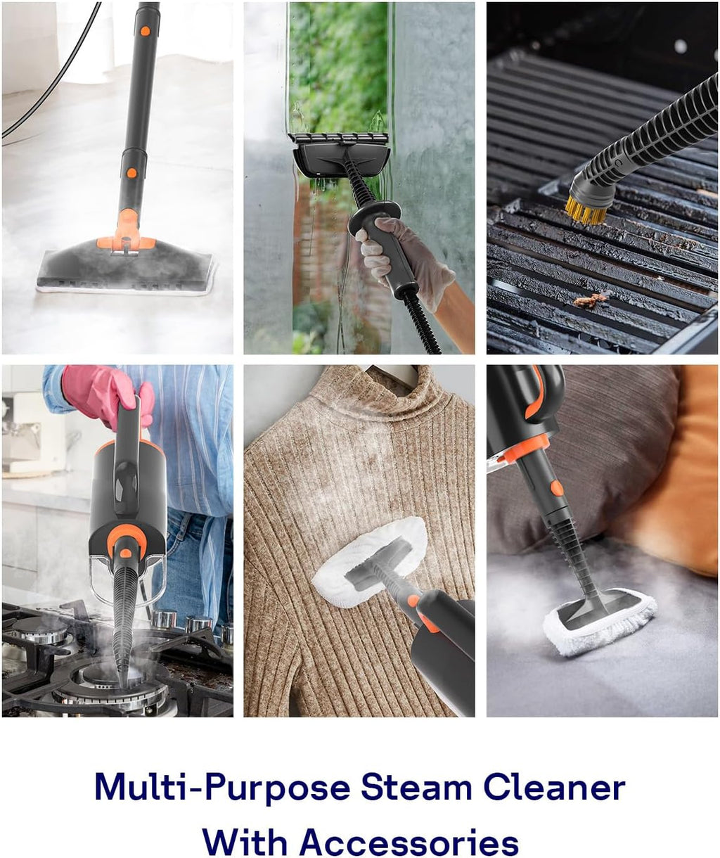 Steam Mop Cleaner with Detachable Handheld Steamer, 20 in 1 Wired Steam Cleaner with Multiple Accessories, Detachable Water Tank, Microfiber Pads for Floor Tiles Carpet and Grout Cleaning (Grey)