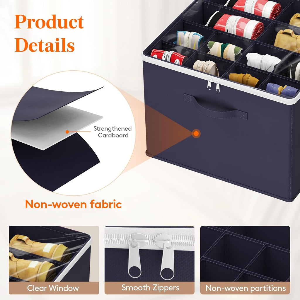 Lifewit Shoe Storage Organizer for Closet Fits 12-16 Pairs, Fabric Large Shoe Box Storage Containers with Clear Cover, Foldable Bins Fit for Boots Heels Sneakers 17"(L) x 17"(W) x 12.5"(H) 2 Pack Blue