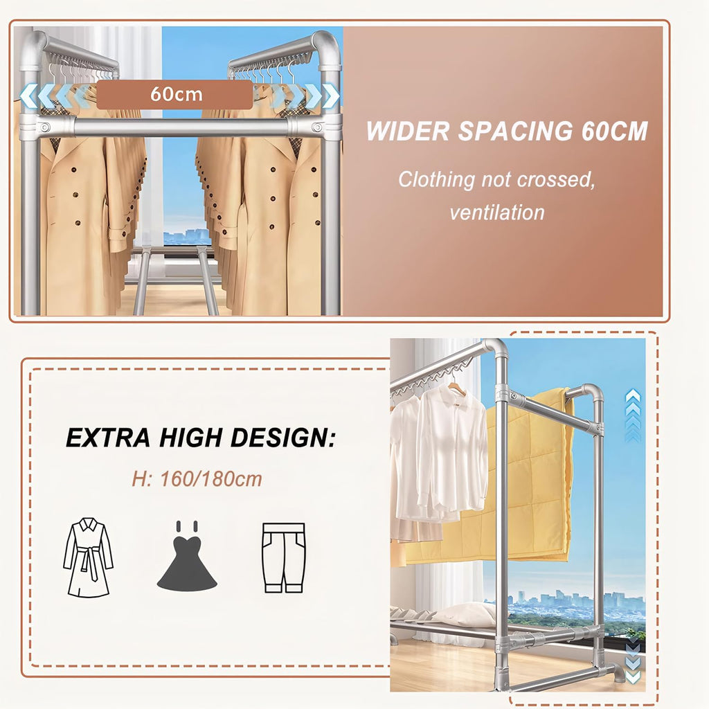 Clothes Drying Rack with Windproof Hooks, 78.7 inch Adjustable Heavy Duty Laundry Drying Rack, Free Standing Metal Clothes Rack, for Indoor Outdoor