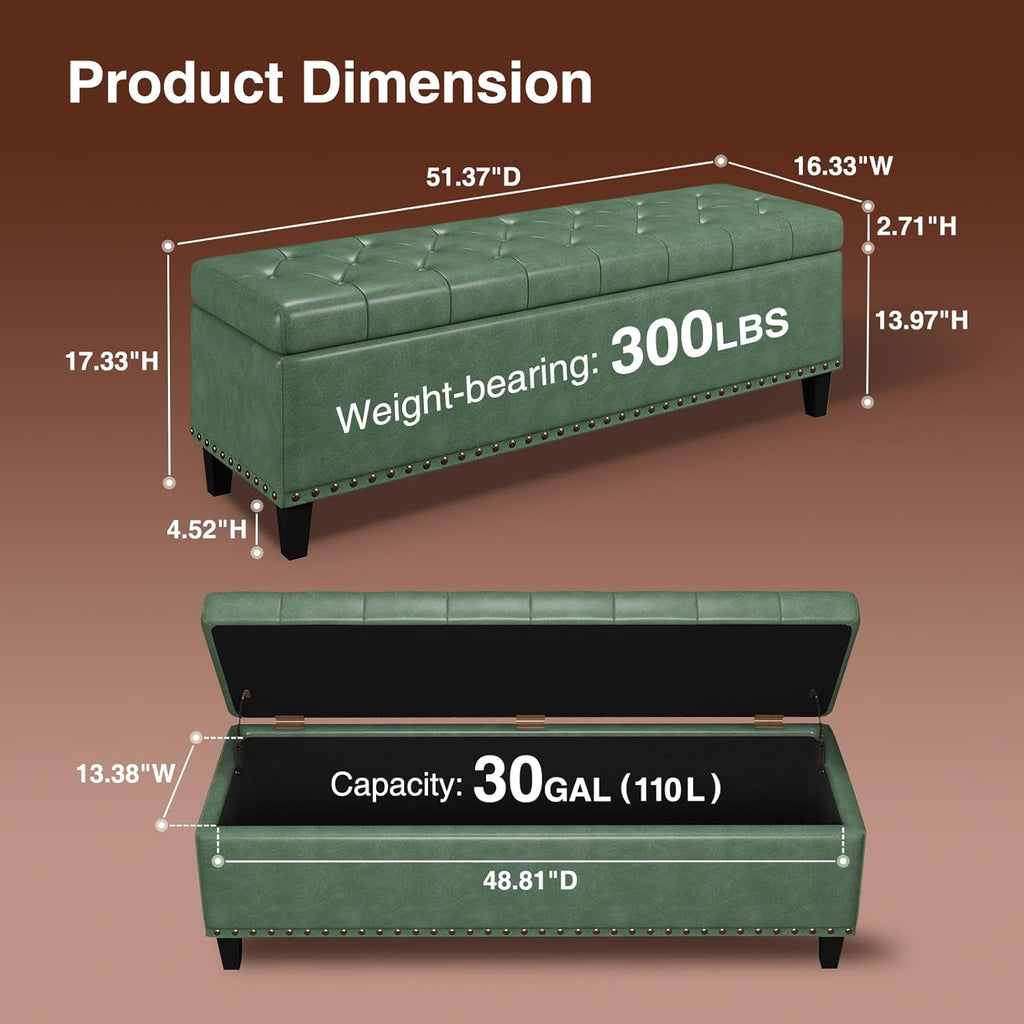 Storage Ottoman Bench, 51-Inch Large Storage Bench for Bedroom End of Bed, 30 Gallons Faux Leather Bench for Bedroom, Living Room, Entryway, Hallway, Green