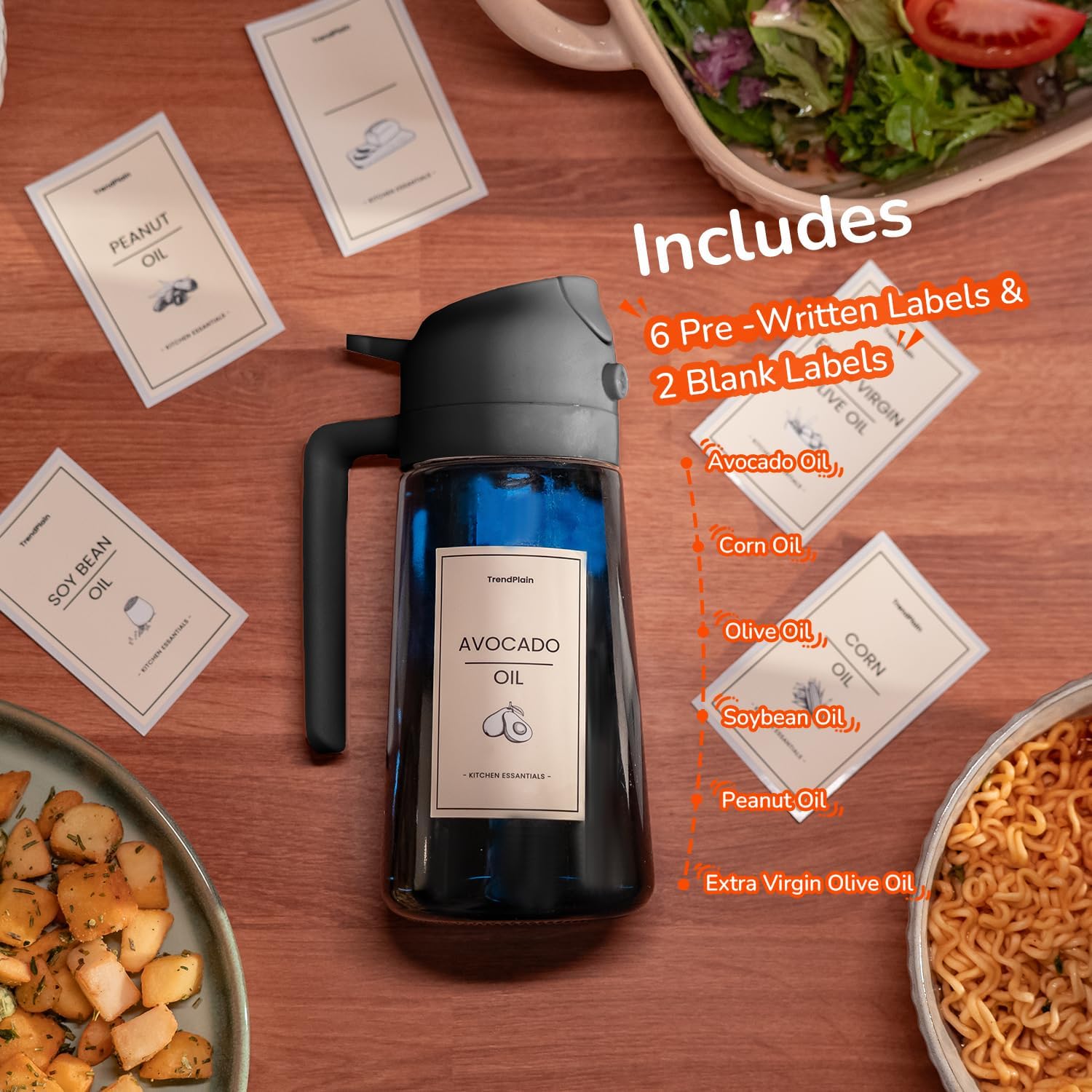 TrendPlain 16oz/470ml Blue Glass Olive Oil Sprayer for Cooking - 2 in 1 Olive Oil Dispenser for Kitchen Gadgets, Air Fryer, Salad, and BBQ - Black
