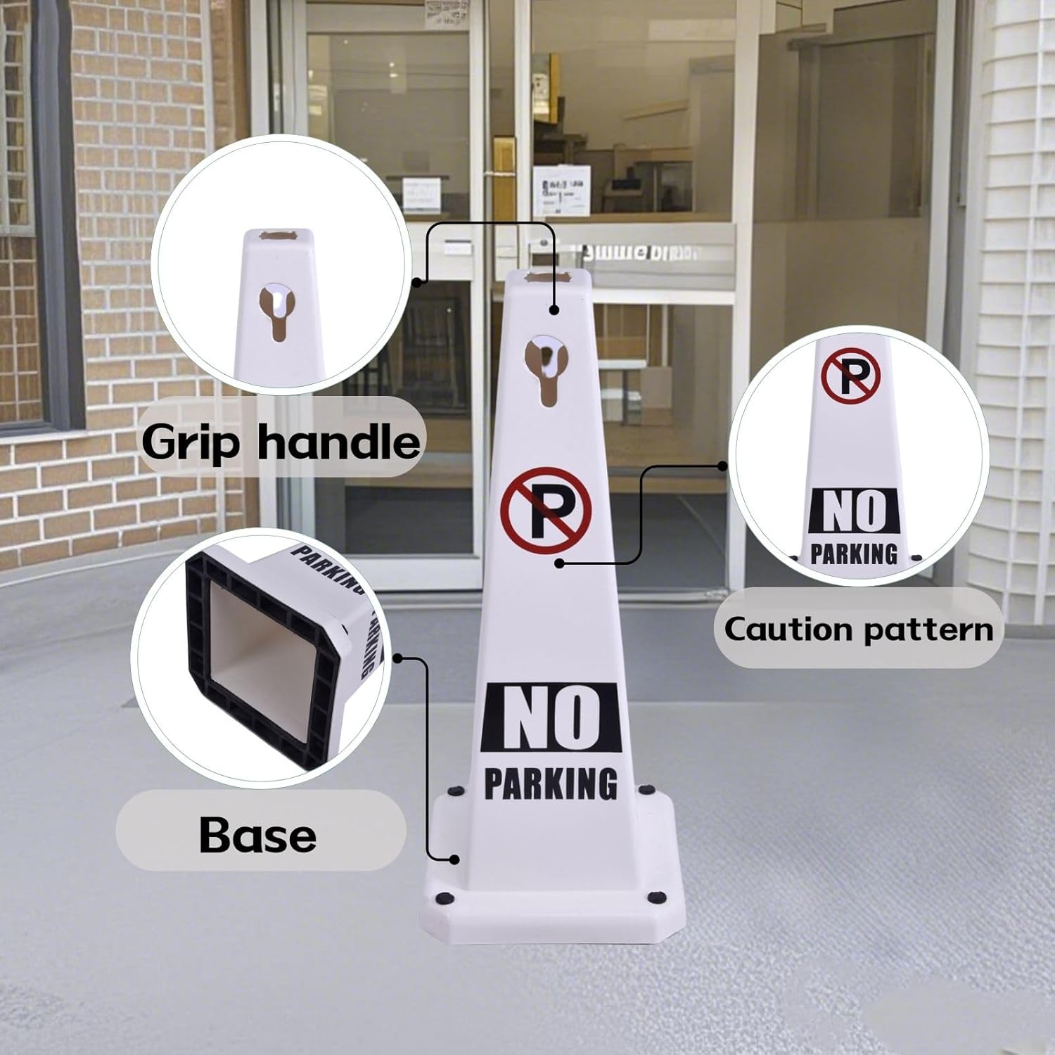 8-Pack 26.5" Caution Cones, 4-Sided Visible Safety Signs with Heavy Rubber Base, Warning for Slip & Fall Prevention, Indoor/Outdoor Use (White, 8Pcs-No Parking)