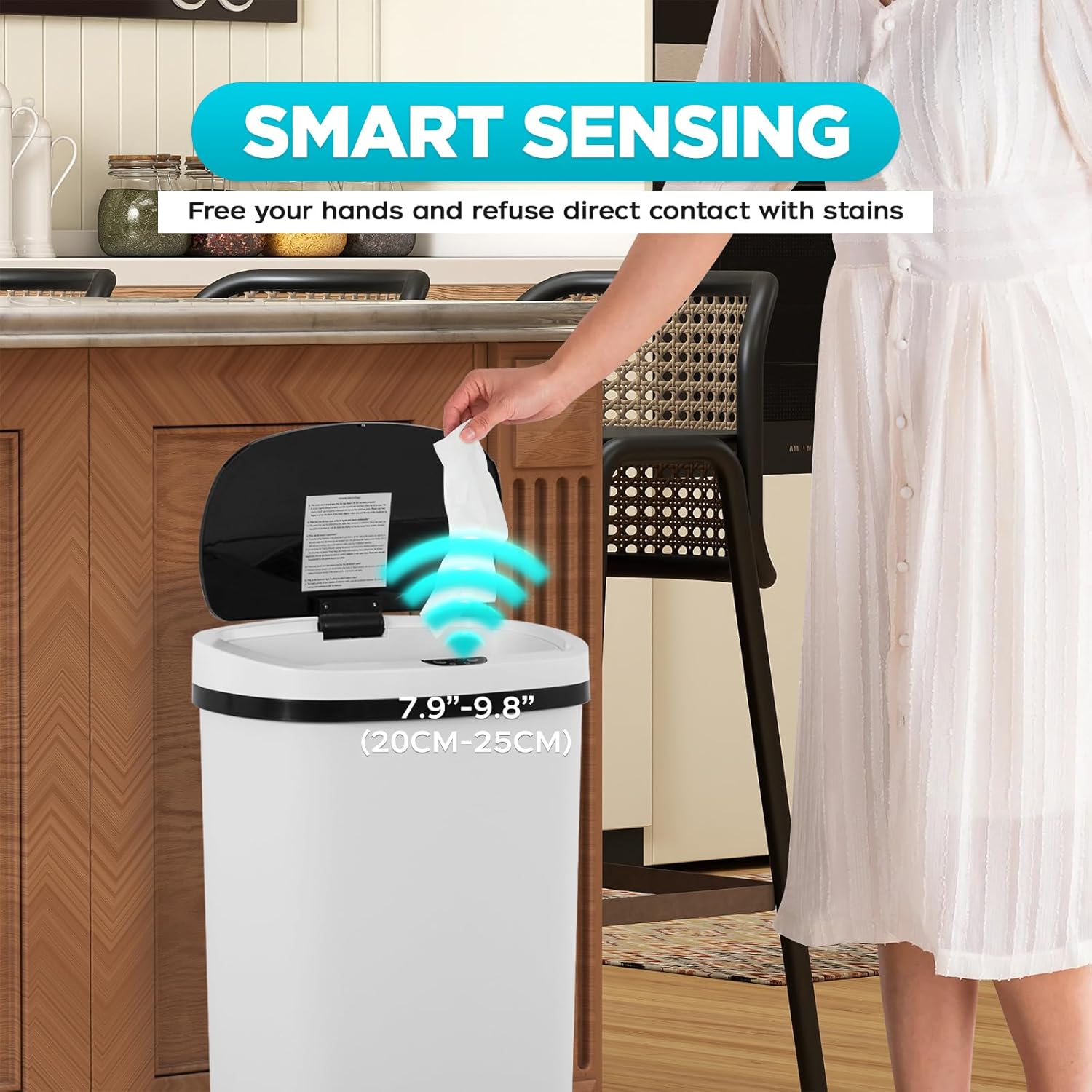 Automatic Motion Sensor Bathroom Trash Can with Lid, 13 Gallon Touchless Trash Bin, Smart Dog Proof Garbage Can, Touch Free Waste Basket for Toilet, Office, Bedroom,White,2