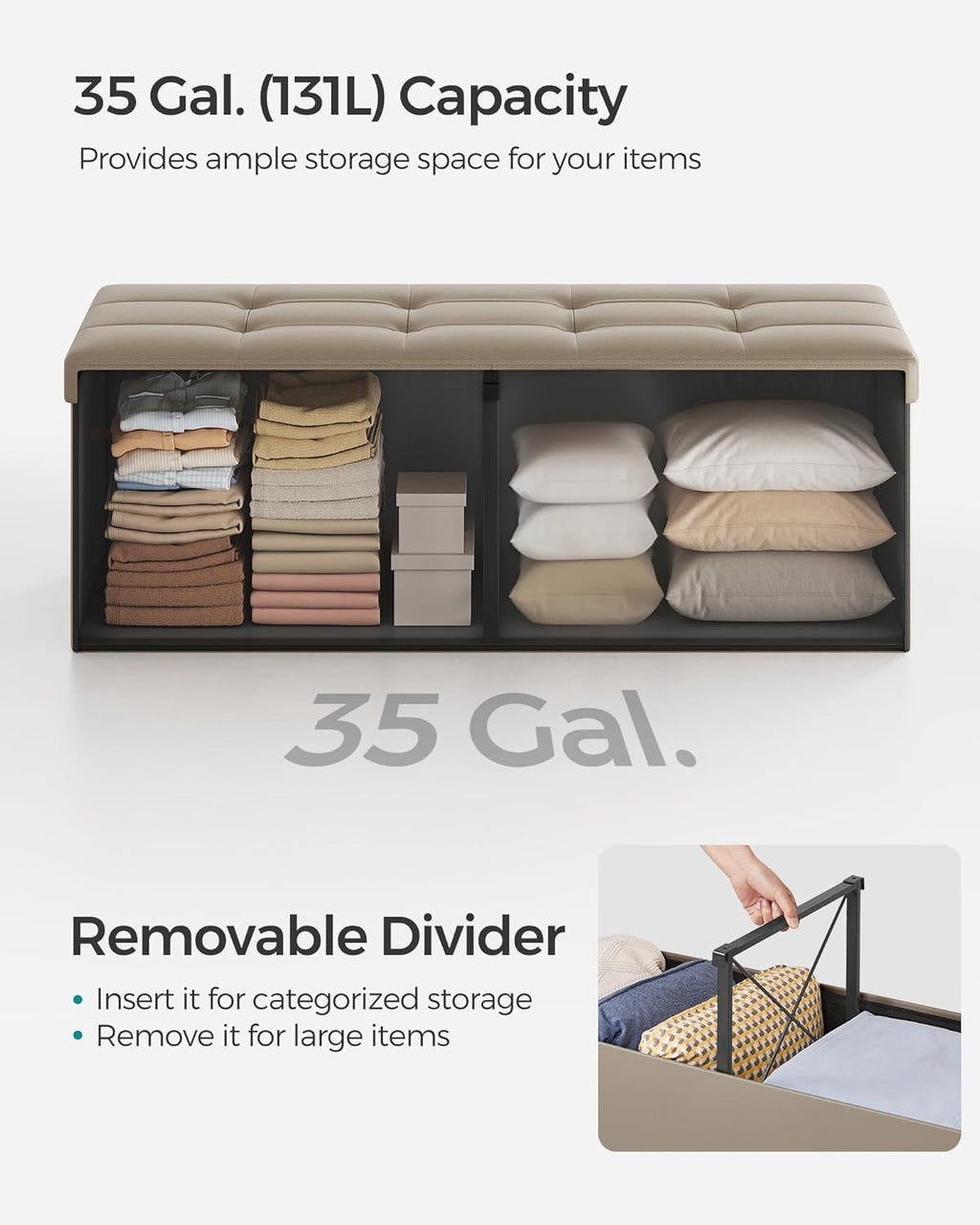 SONGMICS MAZIE Collection - 43 Inches Storage Ottoman Bench with Flipping Lid, Storage Chest with Iron Frame Support, Load 660 lb, for Living Room, Bedroom, Synthetic Leather, Camel Brown ULSF075K03