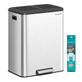 SONGMICS Trash Can, 2 x 8 Gallon (2 x 30 L) Double Garabge Can for Recycling and Waste, Stainless Steel, Soft-Close Lid, Inner Buckets, Wide Sturdy Pedal, Metallic Silver ULTB556E01