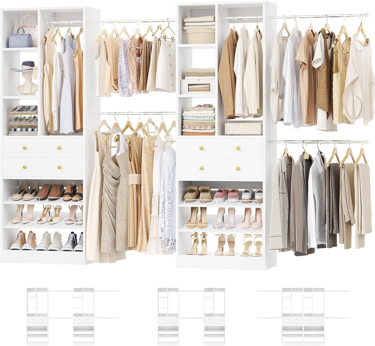 Closet System, Up to 134"/11.2 FT Closet Organizer with 4 Wooden Drawers and Shelves, Walk-in Closet System with 6 Hanging Rods, Built-in Closet Can Fit 96"/8FT, 120"/10FT, White